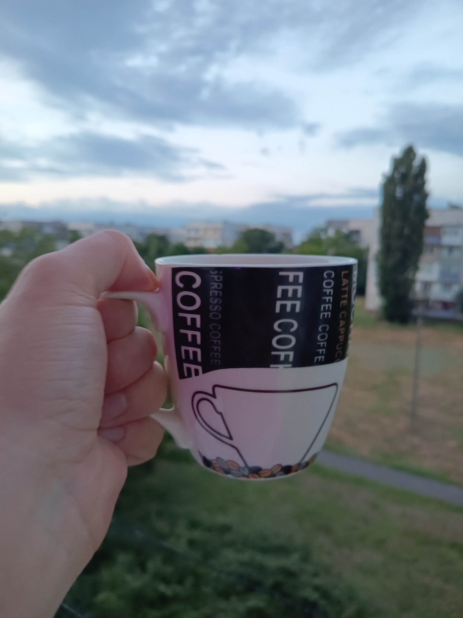 A person's hand is holding a white ceramic mug with black text and graphics. The text on the mug reads "COFFEE" vertically, and then "ESPRESSO COFFEE" and "FEE COF" and "COFFEE COFFE" and "LATTE CAPPUCC" horizontally. The mug also has a graphic of a coffee cup and coffee beans. The background is out of focus and shows a cloudy sky over a cityscape. The buildings in the background are typical of apartment buildings. In the middle ground, there is a green area with trees and a path. The overall scene suggests a person enjoying a beverage outdoors, possibly on a balcony or in a yard, in Izmail, Ukraine, given the context provided. The lighting suggests it is late afternoon or early evening.