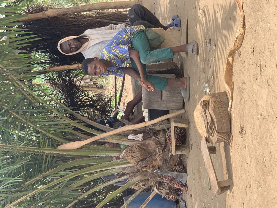 The image shows three men sitting near a palm tree, on the outskirts of Egbeda, Nigeria, located at coordinates 7.12 latitude, 5.362 longitude. The men are sitting on wooden platforms or logs. One man is wearing a white t-shirt and blue jeans, a second man is wearing a blue shirt with a floral print, and the third man is partially obscured by the palm tree, but appears to be wearing a light brown shirt. The men are talking and interacting with each other. There is a wooden paddle lying on the ground next to the palm tree. The environment is rural, and there is dry dirt and sand on the ground. The palm tree is in the foreground and provides a sense of shade for the men.