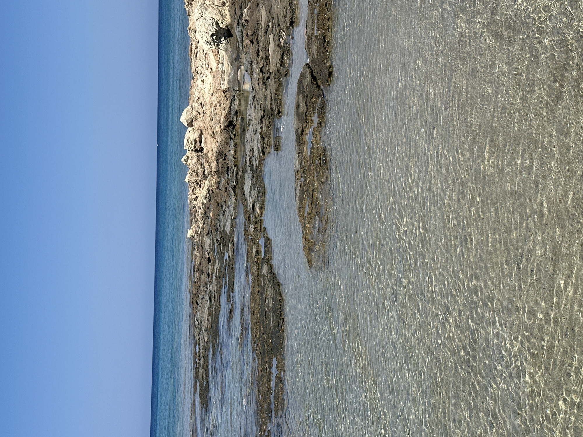 The image depicts a tranquil seascape under a clear blue sky. In the foreground, shallow, crystal-clear water reveals a sandy bottom with rippling patterns created by the gentle movement of the water. This is followed by a rocky shoreline with dark, uneven formations partially submerged in the water and forming small pools. Beyond the rocks, the sea stretches out, transitioning from a lighter turquoise near the shore to a deeper blue towards the horizon. The sky is a uniform, bright blue, indicating a sunny day. No people or man-made structures are visible in the image, focusing solely on the natural elements of the coast.