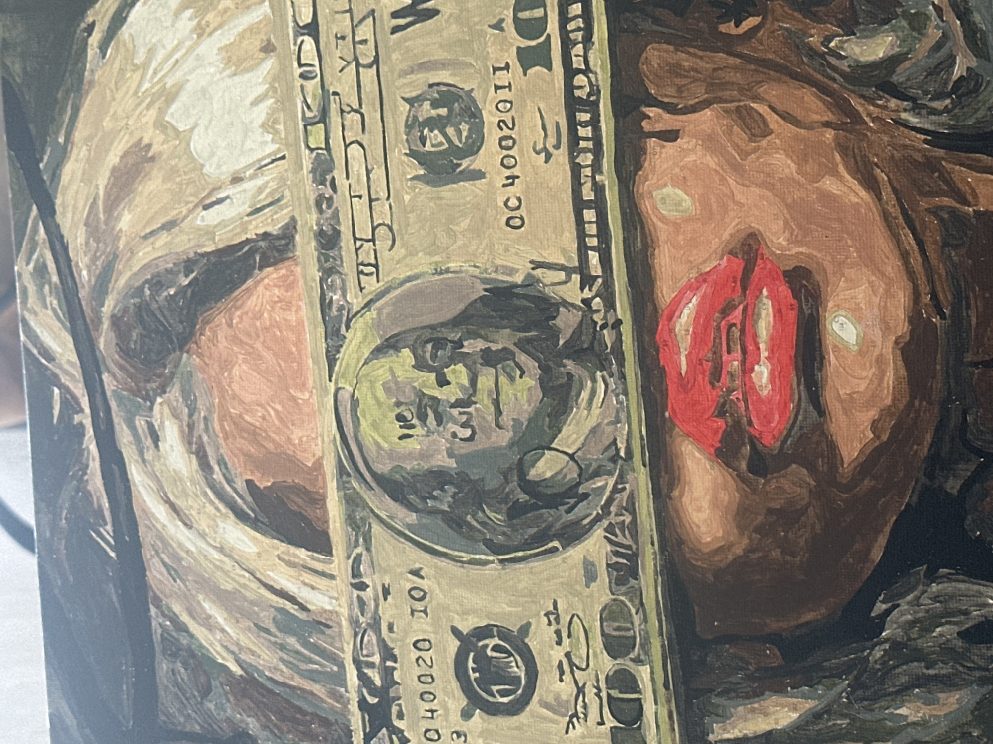 The image depicts an oil painting with a somewhat abstract style. In the center is a vertical representation of a one-dollar bill, rendered with details such as the portrait of George Washington and serial numbers (OC4002011). Flanking the dollar bill, on the left is a depiction of what appears to be a shrouded person. The right side shows a bare torso. The location in the city of Высокий, Russia is not evident from this image.