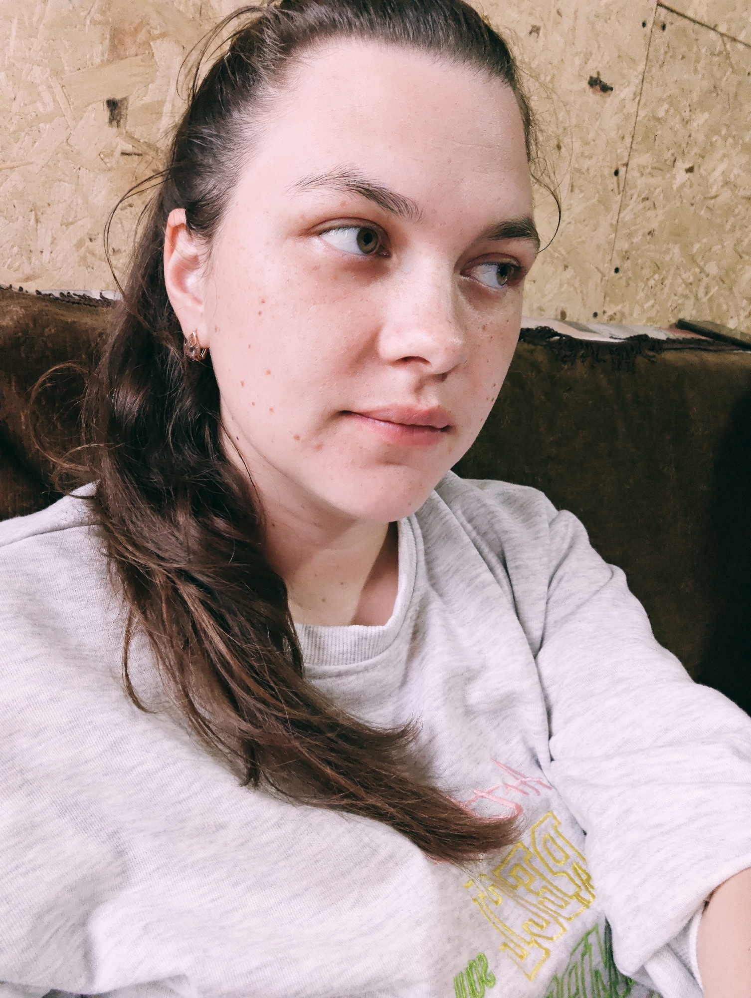 A young woman with brown hair pulled back into a ponytail is sitting indoors against a backdrop of wood paneling and a brown cushion or headboard. She is wearing a light gray sweatshirt with embroidery in pink, yellow, and green. She is looking to the right side of the frame with a slight pensive expression. She has fair skin with freckles. A gold hoop earring is visible in her left ear. The location appears to be inside a house in an area with wood walls. It is not possible to verify if the location is indeed in Malyi Bukor, Russia, or anywhere else, from this image alone.
