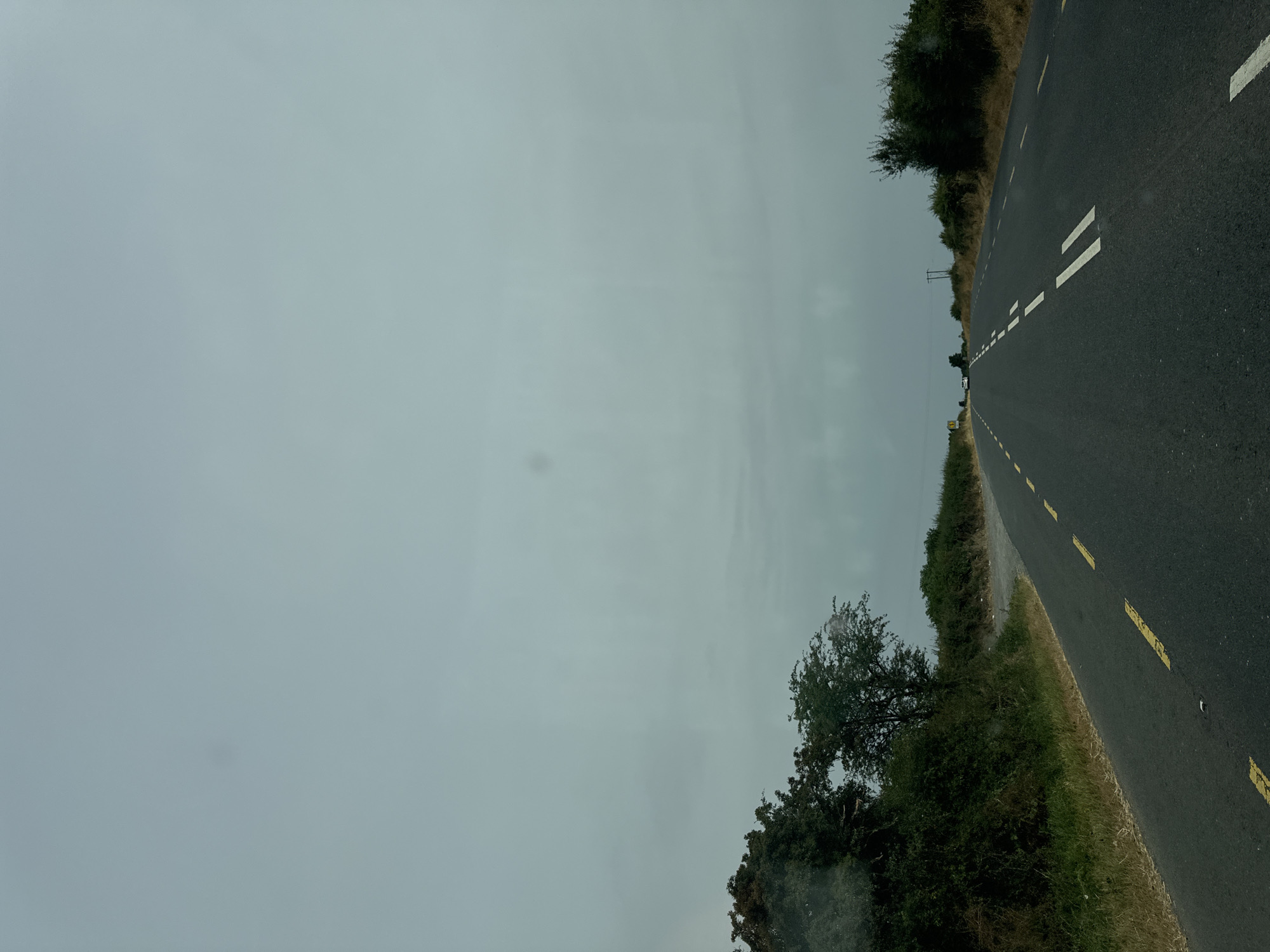 A straight asphalt road with double yellow lines runs through a rural landscape under a cloudy sky. On the left side of the road, there is dense green foliage and trees. On the right side of the road, dry grass and bushes line the verge. In the distance, faint shapes of buildings and trees are visible. A few vehicles are sparsely scattered on the road. The overall impression is a serene and somewhat overcast day in the Irish countryside.