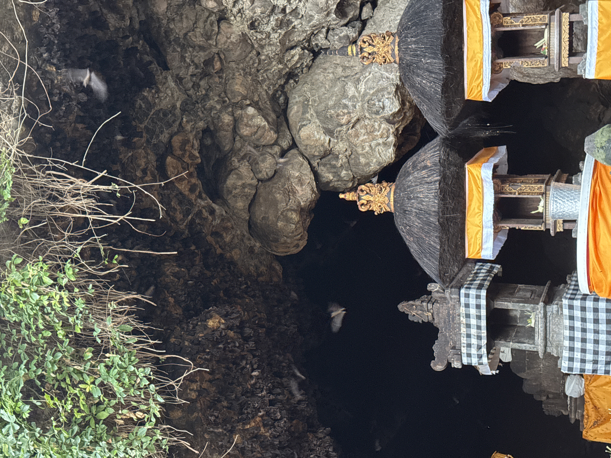 In Dawan, Indonesia, a cave entrance is partially obscured by lush green foliage and hanging vines. Several small, dark bats are visible flying within the cave's dark interior. In the foreground, three elaborately decorated miniature shrines are positioned. These shrines have dark, thatched roofs topped with golden finials. Each shrine features a small opening, adorned with intricate gold carvings, and a white and orange checkered cloth. One shrine is flanked by a grey stone structure also decorated with the checkered cloth. The scene is illuminated by ambient light, highlighting the textures of the cave walls and the decorative elements of the shrines.