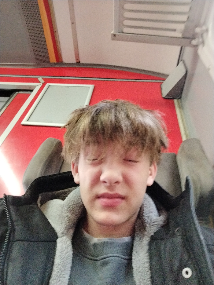 A young person with messy brown hair and eyes tightly shut sits in a seat, possibly on public transportation. They wear a grey sweater with a fluffy collar and a dark jacket. The interior features red walls, a white frame around a rectangular space, and overhead compartments. The person appears tired or uncomfortable.