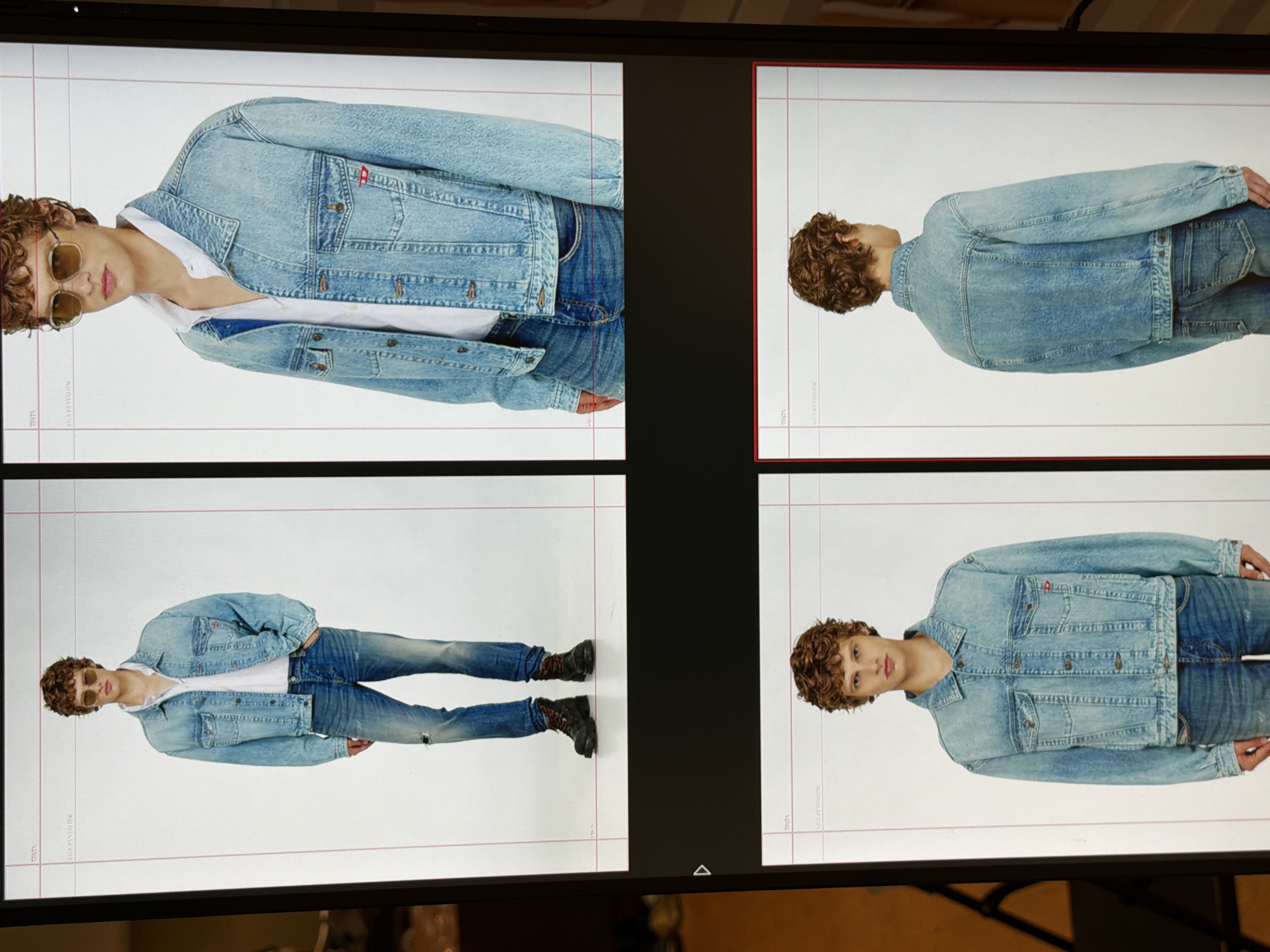 The image shows a computer screen displaying four photos of a male model wearing a light blue denim jacket and jeans. The photos appear to be arranged in a 2x2 grid. The model is wearing sunglasses in two of the photos. The background in each photo is white. A red line is visible marking the photos' border on the monitor screen. The location and city are unknown.