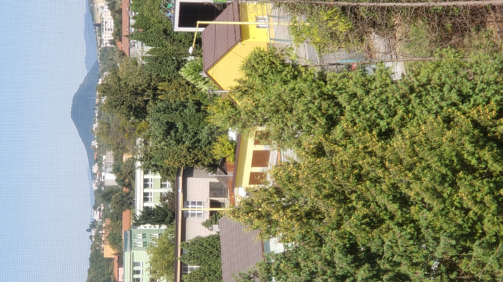The image presents a view of a residential area with a prominent hill in the background, likely depicting a portion of the city of Prešov, Slovakia. In the foreground, dense coniferous trees dominate, interspersed with the rooftops of several buildings. Among these structures are a low-lying yellow building with a brown-tiled roof and three brown garage doors, and a grey building with a brown-tiled roof featuring a visible window with a grid pattern. Behind these, more substantial buildings are visible, including a light green building with multiple windows and a white building with a similar architectural style. The background is characterized by a hazy blue sky and rolling hills, with a distinct conical hill rising in the distance. The overall scene suggests a suburban or urban fringe setting.
