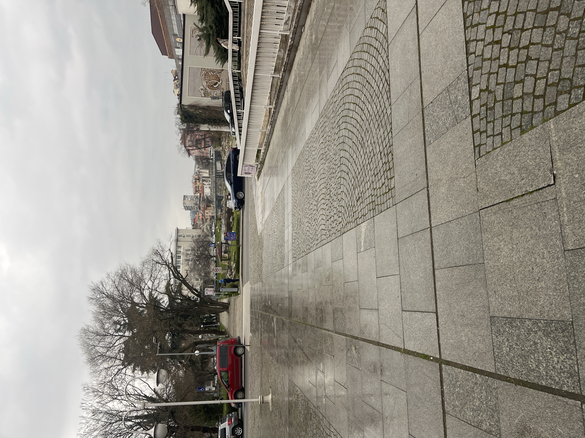 The scene depicts an urban street and adjacent paved area in Stara Zagora, Bulgaria, under an overcast sky. The ground consists of large, wet grey granite paving slabs mixed with sections of smaller cobblestones arranged in concentric semi-circular patterns, indicating recent precipitation.
On the left side, a sidewalk lined with bare-branched deciduous trees features multiple white streetlights. A silver car and a red minivan are parked adjacent to the sidewalk. Further down, a pedestrian wearing a blue jacket and a cap stands near a crosswalk, facing right, close to a utility pole marked with a handicapped parking sign and other street signs.
To the right, a multi-lane road carries traffic. A dark blue sedan drives from left to right, followed by a dark SUV partially obscured by a white vertical railing that separates the main paved area from a lower section. Beyond the railing, a person in a light-colored coat walks away from the camera. A building with a large, elaborate mural or mosaic on its facade is visible behind the railing and some evergreen shrubs. In the background, across the street, a multi-story light-colored building and other urban structures are visible. Historical ruins, potentially Roman, are discernible in the mid-ground, featuring excavated stone structures and a protective roof, with a bridge crossing a lower area.