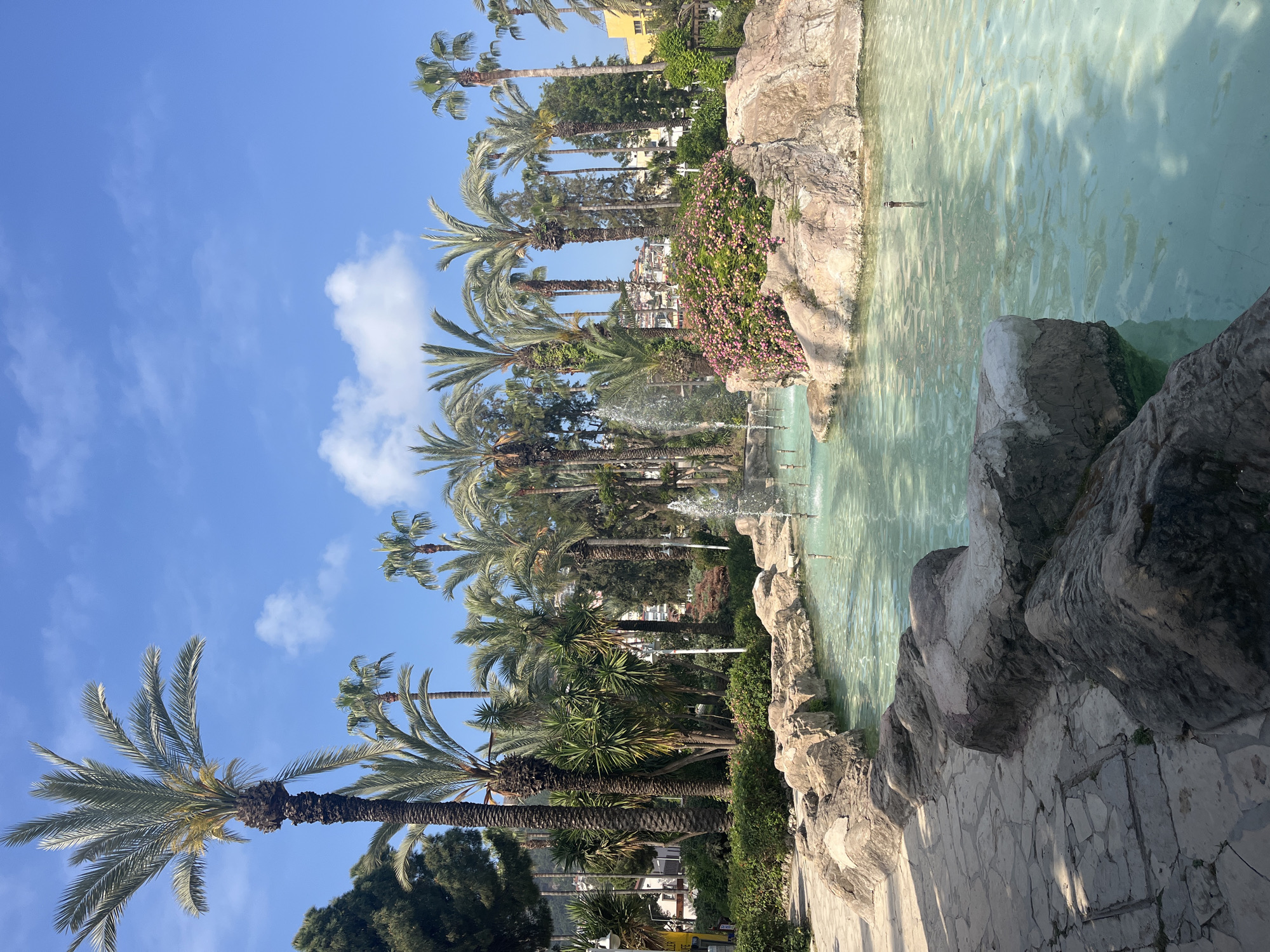 The media file captures a vibrant outdoor scene, likely a park or resort area, characterized by lush Mediterranean flora and a tranquil water feature. The setting is bright and appears to be under clear skies, consistent with its location in Alanya, Turkey.
In the foreground and central part of the image, a large, irregular-shaped ornamental pool or fountain is prominent, filled with clear, turquoise-hued water. Several small water jets are visible, creating delicate splashes on the water's surface. The edges of the water feature are bordered by large, rough-hewn natural rocks, suggesting an artificial yet naturalistic landscaping design. Clusters of pink flowering plants and various green bushes grow on and around these rock formations, adding bursts of color and texture to the scene. A paved walkway, made of light-colored flagstones, runs along the edge of the water feature in the foreground.
The background is dominated by a dense array of tall palm trees, their green fronds contrasting against the bright blue sky. Interspersed among the palm trees are other types of evergreen trees and shrubs, creating a rich green canopy. Beyond the immediate greenery, distant buildings with light-colored facades can be discerned, nestled on what appears to be a gentle hillside, hinting at a town or city beyond the immediate park setting.
The image conveys a sense of calm and relaxation. The time of day is clearly daytime, with bright sunlight illuminating the scene, indicated by the shadows and the clarity of the colors. The weather is sunny with a few scattered white clouds against a vast blue sky, suggesting pleasant conditions. No people are visible, and there is no specific activity or event taking place other than the gentle flow of water from the fountains. No discernible text is visible within the frame.