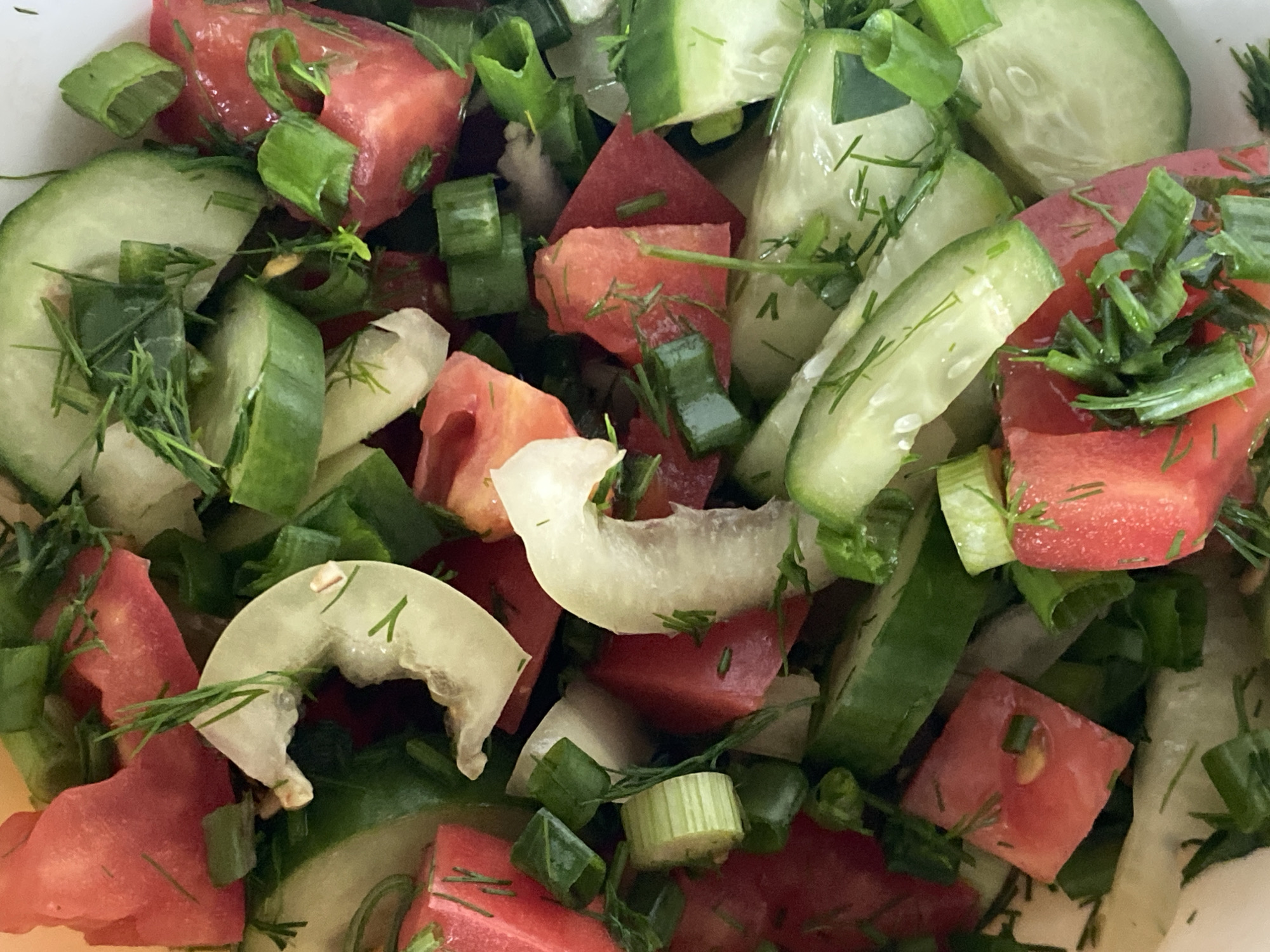 A close-up, overhead shot displays a vibrant salad composed of chopped tomatoes, cucumbers, and green onions, garnished with fresh dill. The ingredients are finely diced and mixed together, suggesting a recent preparation. The salad is presented in a white container, though the full container is not visible. No people or actions are depicted, and the background is indistinct, focusing entirely on the salad itself. There is no information available to determine its location in the city of Novokuznetsk, Russia, or any other specific geographic context.