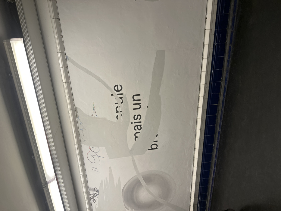 This image depicts a section of a wall within a Paris Métro station, likely a platform or connecting corridor. The wall is predominantly covered by a large, light-colored poster or advertisement that shows signs of significant wear, with multiple torn sections revealing underlying layers or the bare wall beneath. Fragments of black French text are visible on the poster, including "enruie", "mais un", and "br". To the left, a faint, large grey circular graphic is partially discernable. Red markings resembling "'90" and other smaller, illegible scribbles in black and blue are present on the upper left portion of the poster.
Above the main poster area, a horizontal strip of small, white rectangular tiles is visible, surmounted by a grey ledge from which two linear fluorescent light fixtures extend, providing illumination. Below the poster, a distinct wainscoting features a top row of white rectangular tiles, beneath which are several rows of dark blue square tiles. The floor is a smooth, dark, monochromatic surface. No individuals or active subjects are present in the scene.