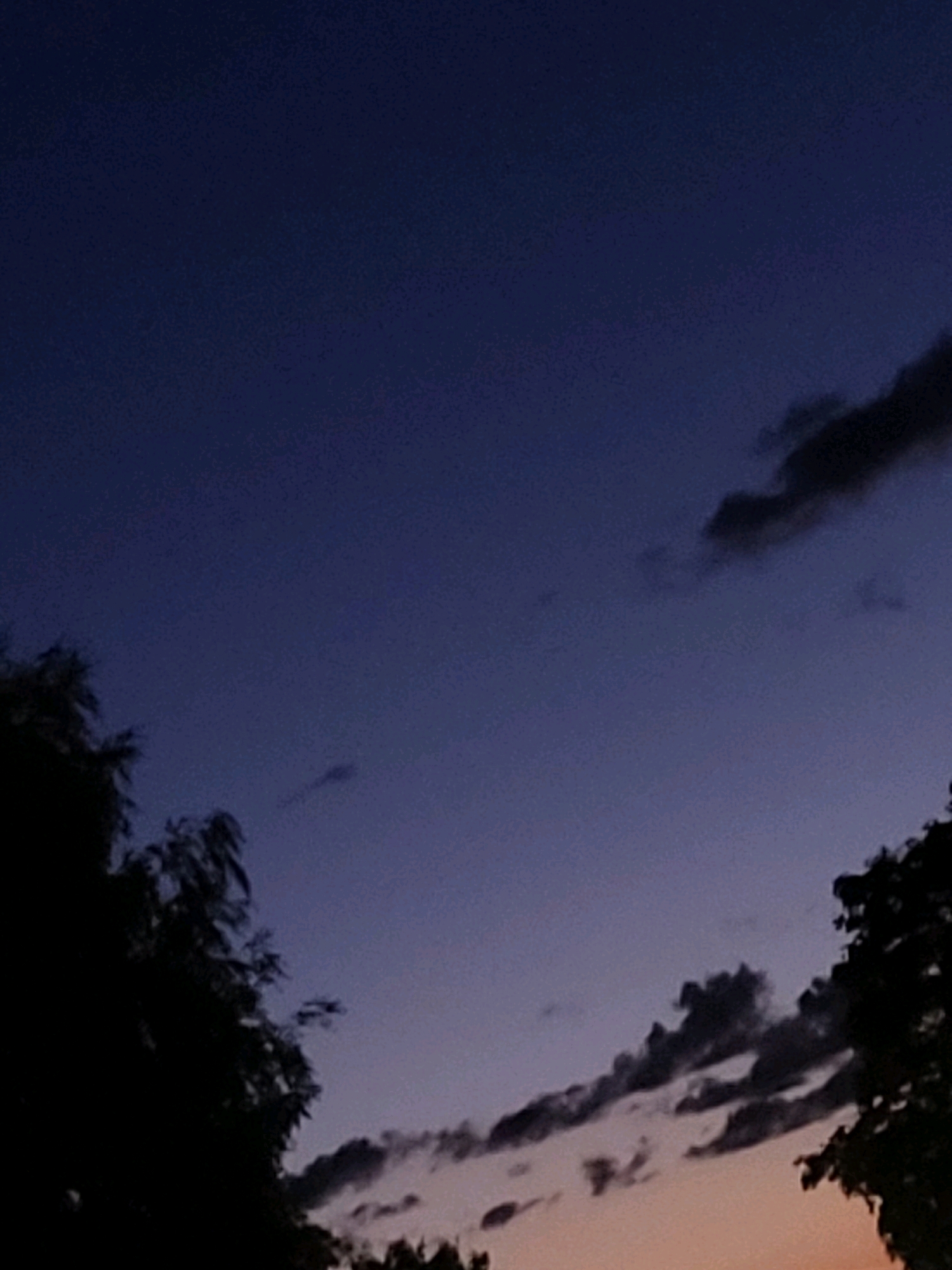 This is a photograph of the sky over Ozolnieki, Latvia, taken at dusk. The sky transitions from a deep blue at the top to lighter shades of purple and orange near the horizon. Silhouetted trees are visible on the left and right edges of the frame. Dark, wispy clouds are scattered across the sky, with a more defined, dark cloud formation in the upper right quadrant. The overall impression is one of a twilight scene in a natural or semi-natural environment.