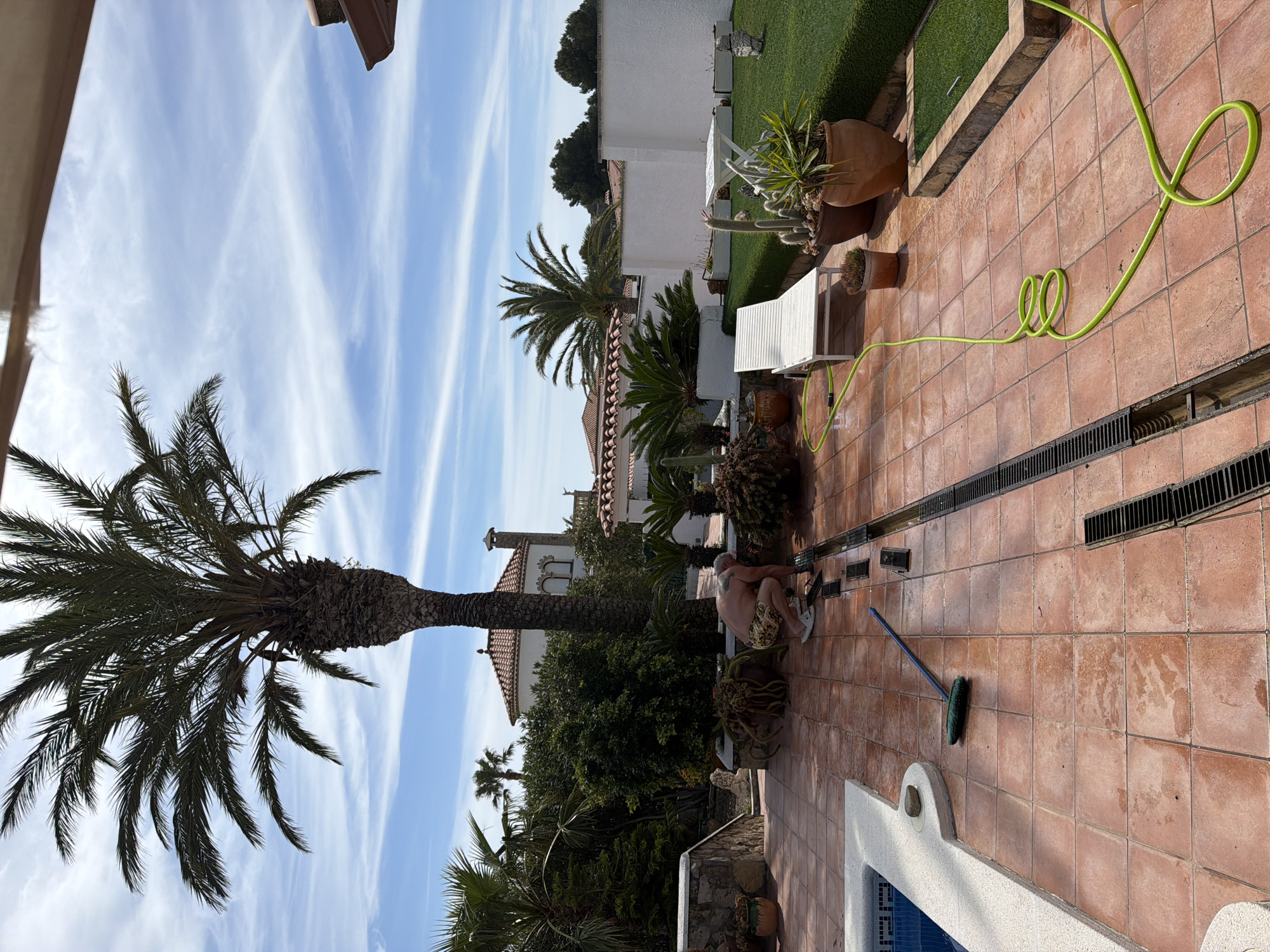 A medium, outdoor shot shows a courtyard in Mont-roig del Camp, Spain, on a sunny day. A man with fair skin and gray hair squats near a floor drain, dressed in floral swim trunks and white slip-on shoes. The man is crouched over the drain, possibly cleaning it. A green garden hose snakes across the terracotta tiled floor from behind a white lounge chair to the drain. To the left is a mature palm tree. A push broom rests on the tile near the edge of a built-in pool. The courtyard is bordered by a white building, a grassy lawn, and lush green trees and vegetation. A light blue, cloud-streaked sky completes the background.
