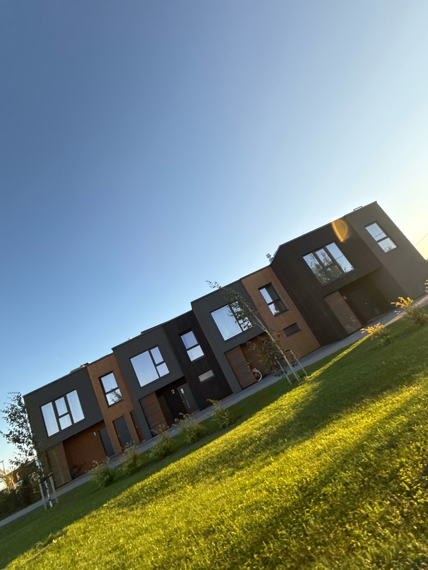 In Järveküla, Estonia, a row of modern, multi-story townhouses with dark gray and wood-paneled facades stands against a clear blue sky. The townhouses feature large, reflective windows, some of which are divided into multiple panes, and prominent entrances. A strip of green lawn with dappled sunlight runs along the front of the houses, and a few small trees and shrubs are planted in the foreground. A bicycle is visible near one of the entrances. The image is taken from a low angle, with the townhouses and the sky occupying the upper portion of the frame, and the lawn dominating the lower half. The lighting suggests it is late afternoon or early evening.