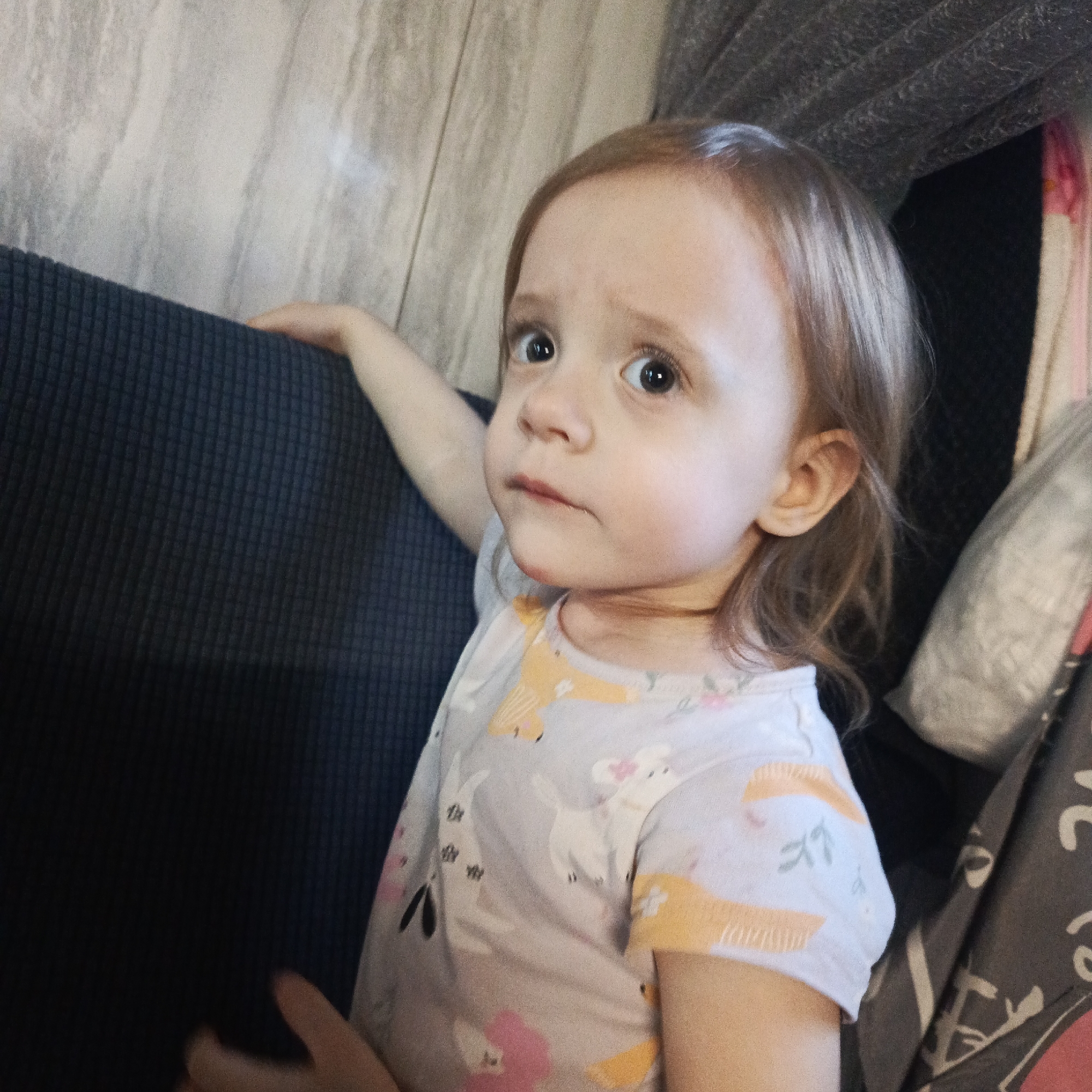 A young child with light brown hair and a curious expression is positioned in front of a grey textured wall in what appears to be an indoor setting. The child is wearing a light-colored shirt with illustrations. Their left hand rests on a dark blue textured sofa. A dark patterned cloth is visible behind the child. It is not possible to determine the location Марковский, Russia, from the image.