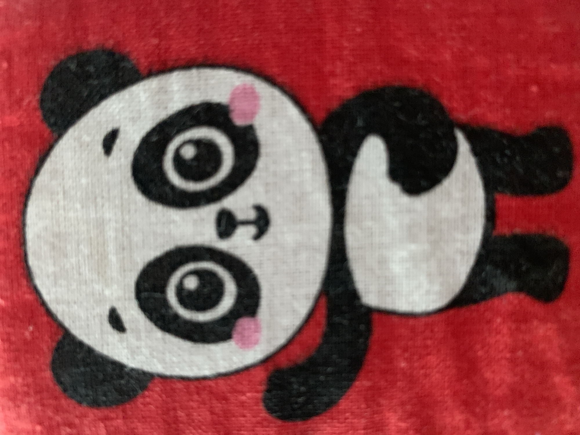 The image is a close-up, slightly blurry photograph of a cartoon panda character printed on a red, textured fabric. The panda has large, circular black eyes with white pupils, small pink blush marks on its cheeks, a small black nose and mouth, and black ears and limbs. It is depicted with one paw raised as if waving. The background is a vibrant, solid red. There is no discernible urban environment or specific location within Stavropol, Russia, visible in the image.