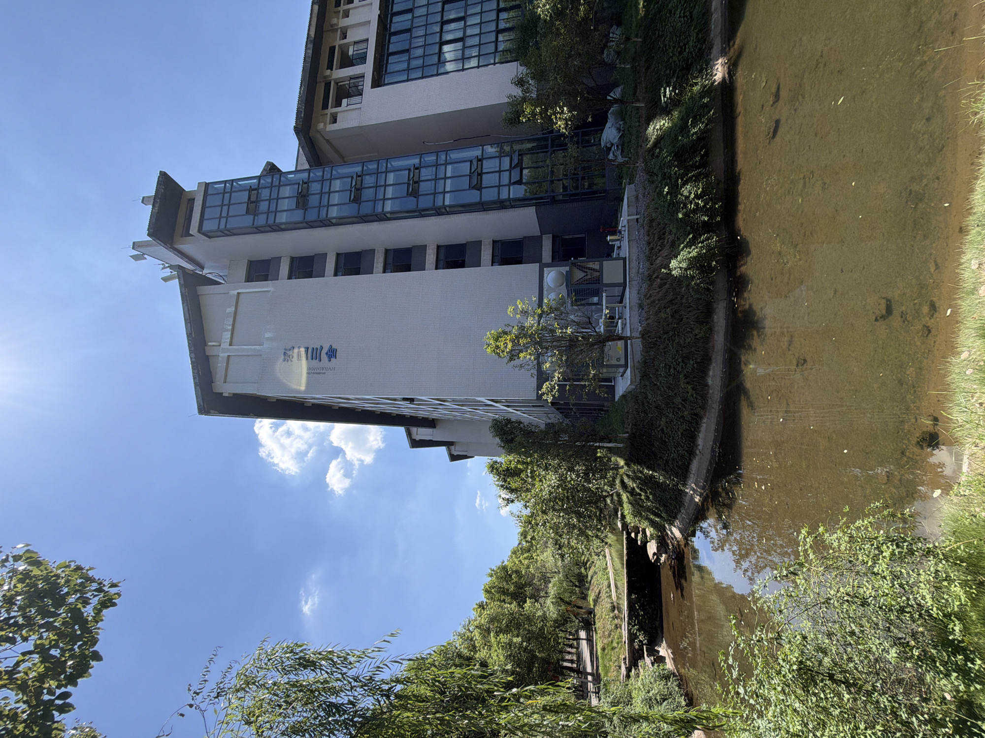 The image depicts a modern, multi-story building with a glass elevator shaft, situated next to a tranquil body of water. Lush green trees and vegetation surround the scene, with a small stone bridge spanning the water in the mid-ground. The sky is clear blue with scattered white clouds, and the sun is shining brightly, casting reflections on the water's surface. The building appears to be a school or university campus, possibly within the city of Jiangjin, China, given the presence of Chinese characters on the building. The water is clear enough to see the sandy bottom, and a few leaves are floating on the surface. The overall impression is one of a serene and well-maintained environment.