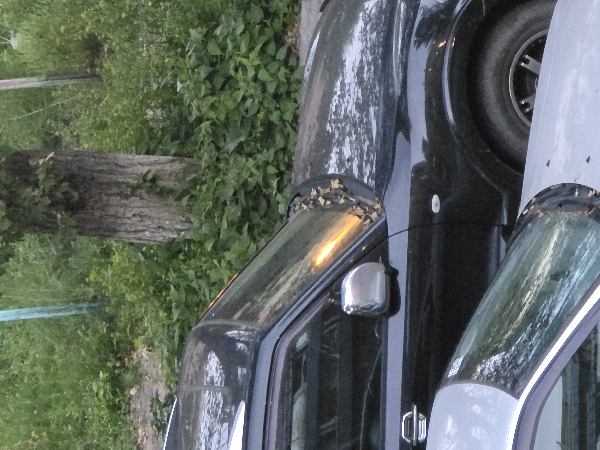 The image shows a close-up view of two parked cars, a black SUV and a lighter-colored car, on an unpaved area with lush green vegetation and a tree in the background. The black SUV is positioned in the foreground, angled towards the viewer's left. Its chrome side mirror is visible, as is the driver's side door handle. The windshield of the SUV reflects the surrounding greenery and shows a bright orange-yellow light streak, possibly from the sun. Some dry leaves are scattered on the hood of the SUV near the windshield. The wheel well and part of the tire of the black SUV are also visible, as is the rear passenger door and a portion of the roof rack. The lighter-colored car is partially visible in the lower left of the frame, positioned in front of the black SUV and angled towards the viewer's right. Its hood and a portion of the windshield are visible, reflecting the environment. The background consists of dense green foliage and the trunk of a large tree with textured bark. The scene appears to be an outdoor parking area, possibly in a residential or natural setting within the city of Krasnoyarsk, Russia. There are no people or animals visible in the image.