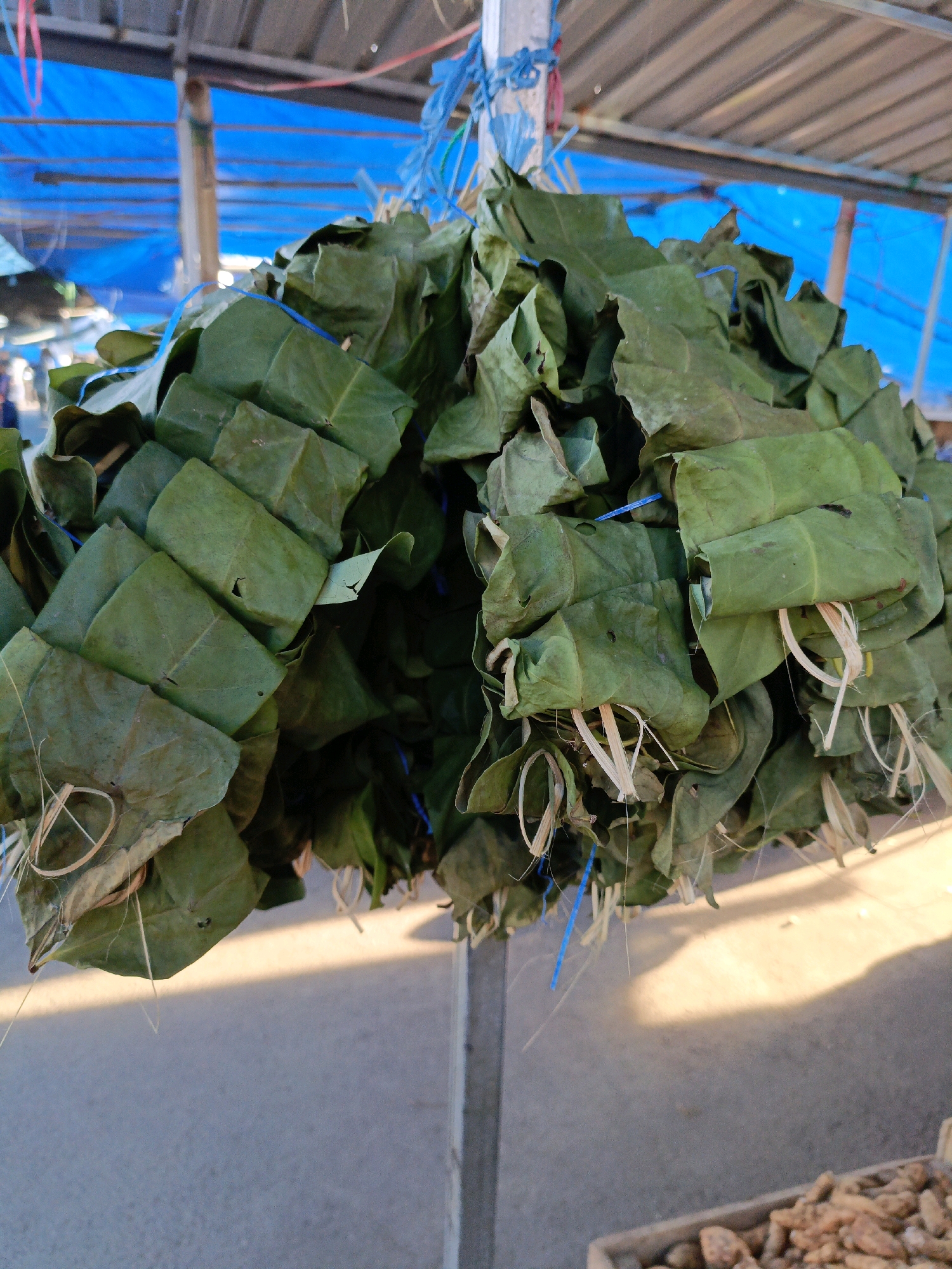 A close-up, low-angle, outdoor shot captures a bundle of green leaves, tied together with blue string and some straw. The leaves are mostly dry, with some appearing folded and wrapped around other leaves. They hang from a metal pole, suggesting a market stall or roadside vendor setting. In the background, a blue tarp is visible, stretched over a roof structure, with some wooden supports. The ground beneath is a paved surface with a distinct shadow cast by the hanging leaves and pole, indicating the sun is to the right. A small section of a wooden crate filled with brown, irregular objects is visible in the lower right corner. The scene is likely from a market in Bulukumba, Indonesia, where such produce is commonly sold.