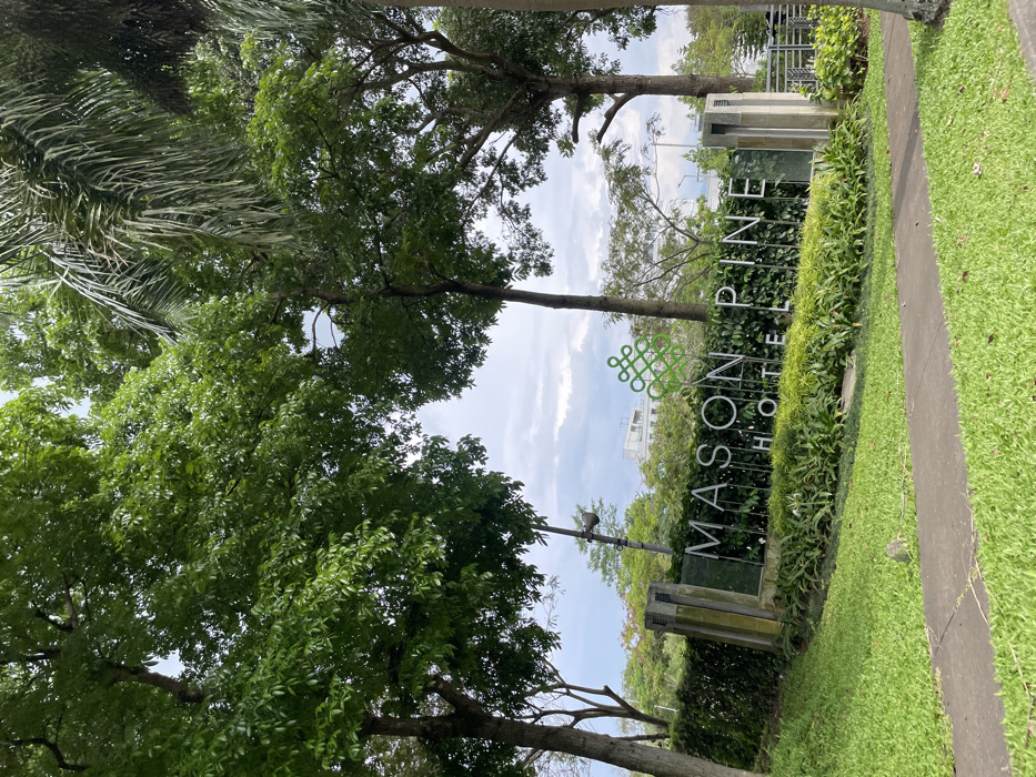The image shows the entrance to the Mason Pine Hotel in Padalarang, Indonesia. The sign is located on a grassy area with a paved walkway leading to it. The sign is made of metal and is illuminated by a nearby street light. The hotel's logo is visible on the sign, which is partially obscured by the greenery. The sign is surrounded by lush green bushes and trees, and the sky is cloudy. The image is taken from a low angle, looking up at the sign. The image was taken at the location with coordinates of -6.862 latitude and 107.481 longitude.
