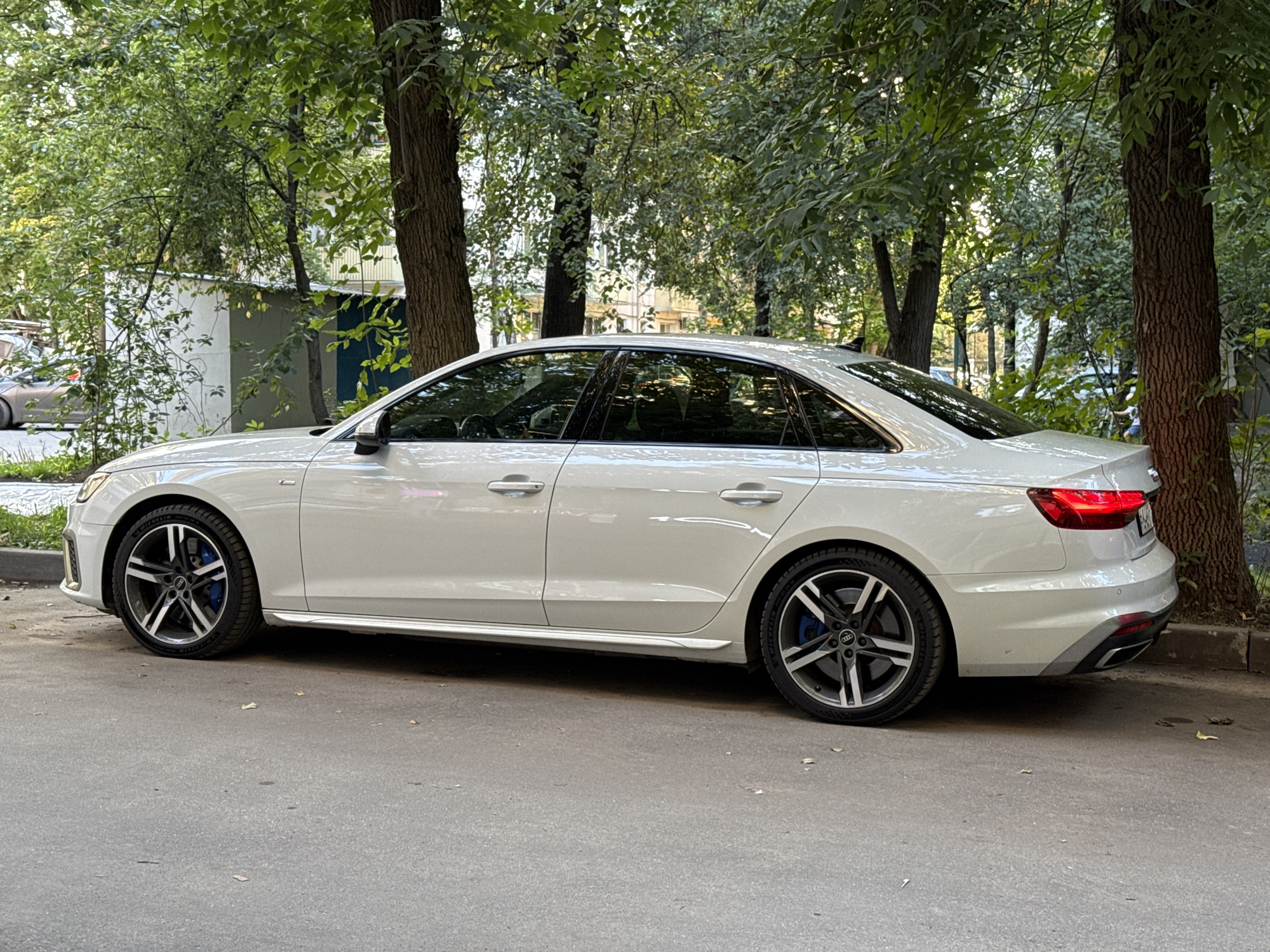 A white Audi sedan is parked on an asphalt road next to a sidewalk lined with trees and some buildings in the background. The car is viewed from the side, facing left. It has black and silver multi-spoke wheels with blue brake calipers. The car's body is clean and reflective, showing the green foliage of the trees overhead. The background includes a building with light-colored walls and some darker green sections, partially obscured by the trees. Sunlight filters through the leaves, creating dappled light on the car and the road. The overall scene appears to be in a residential or urban area with significant greenery.