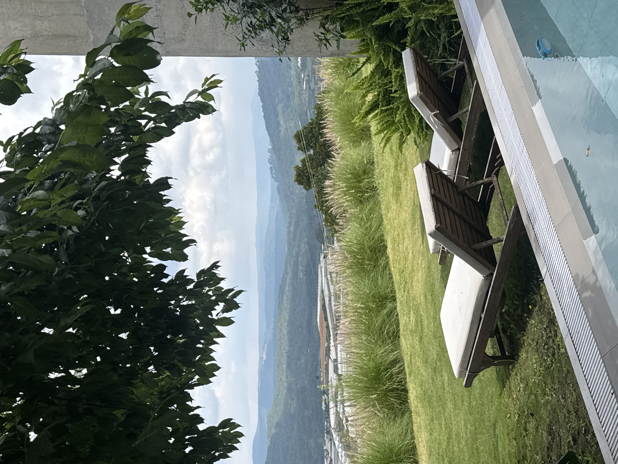 The image depicts a serene outdoor setting with a swimming pool in the foreground and a lush, hilly landscape in the background. Two empty wooden lounge chairs with white cushions are positioned on a manicured green lawn, facing the panoramic view. Tall, feathery grasses and other green foliage flank the lawn, creating a sense of depth and natural beauty. In the distance, a sprawling complex of greenhouses or similar agricultural structures is visible, nestled amongst rolling hills. The sky is overcast with scattered clouds, suggesting a temperate climate. The overall impression is one of tranquility and relaxation, with the natural beauty of the Vietnamese countryside providing a stunning backdrop. This scene is consistent with the agricultural and scenic beauty found in areas like Đa Lộc, Vietnam, known for its rolling hills, farms, and greenhouses.