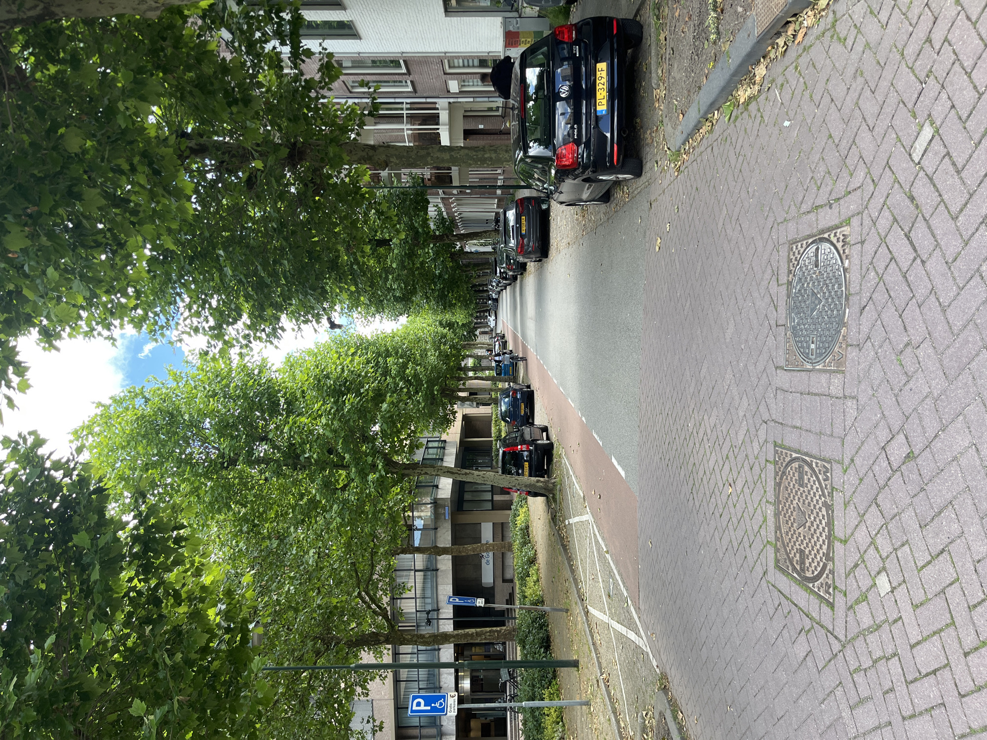 The image shows a street lined with trees on both sides, with parked cars along the right side and a sidewalk on the left. The street is paved with red brick pavers. In the foreground, there are two manhole covers set into the pavement. On the left side of the street, there is a building with glass windows and a blue parking sign. On the right side of the street, there are several parked cars, including a black Volkswagen Polo with a license plate that reads "PL-329-F". A person in dark clothing is seen standing near the black Volkswagen. The trees are full of green leaves, indicating it is likely daytime during a warm season. The sky is partly cloudy.