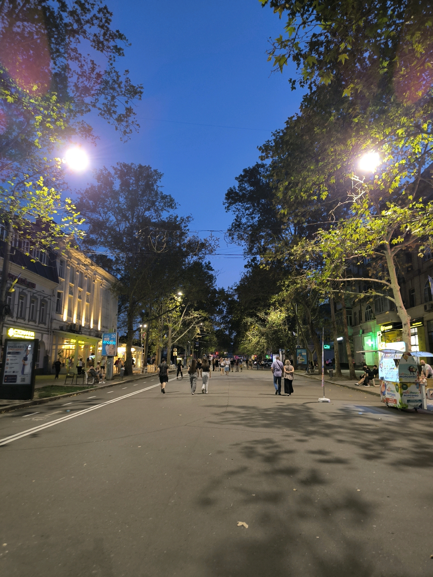 The image depicts a street scene in Mykolaiv, Ukraine, at dusk. The wide asphalt road has double white lines, indicating a two-way street. The street is lined with mature trees on both sides, their leaves illuminated by streetlights. People are walking on the sidewalks and in the street. On the left side of the street, there are buildings with ornate facades, some with illuminated windows and signs. On the right side, there are also buildings and a brightly colored kiosk selling ice cream. The sky is a deep blue, transitioning into twilight. The overall atmosphere is that of a lively urban evening.