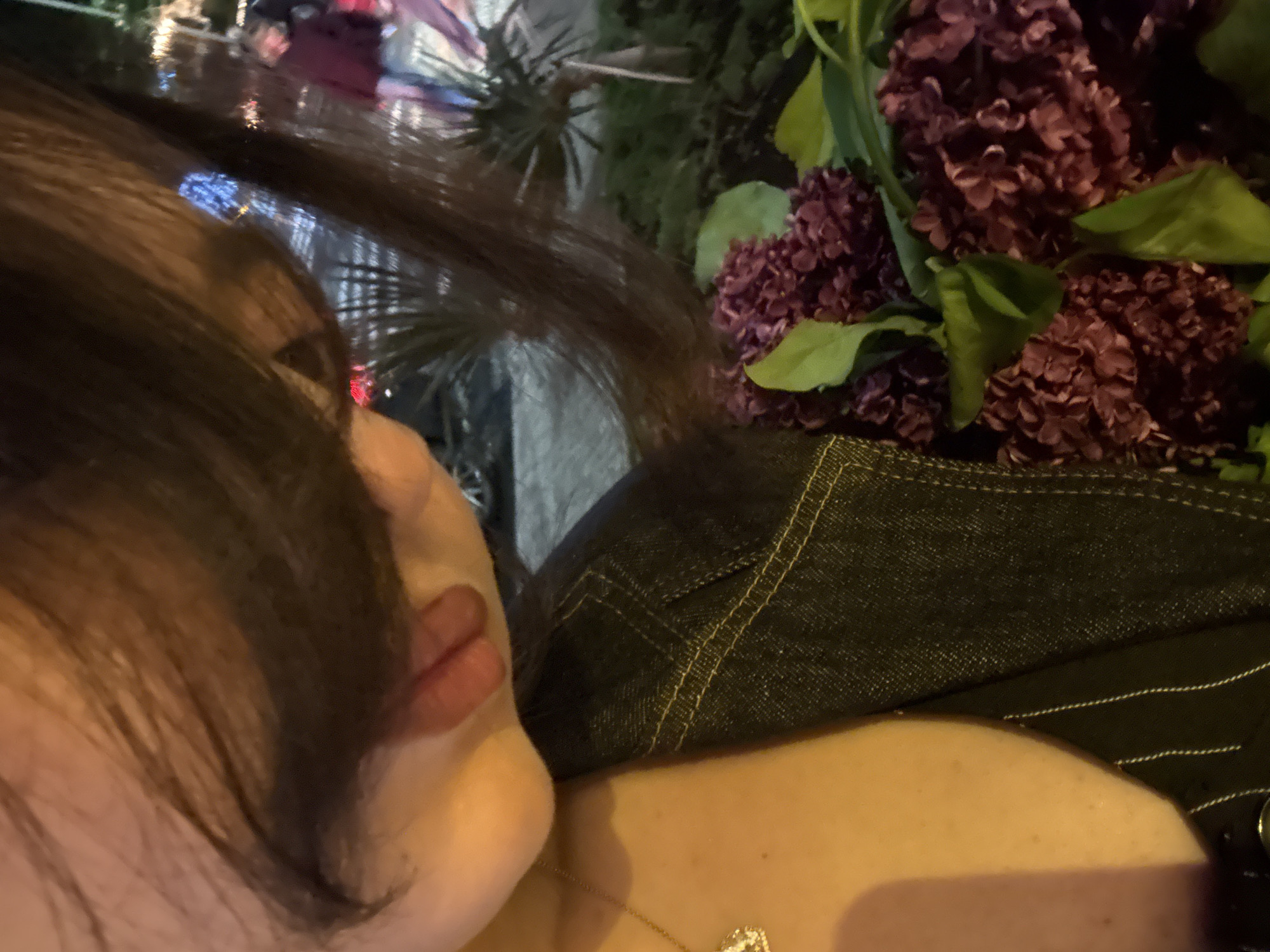 The image shows a close-up of a person, possibly female, with dark hair and a fair complexion, turned to the side. Their lips are slightly parted. A gold necklace with a pendant is visible on their chest. They are wearing a dark denim jacket.
Next to them is a cluster of purple flowers with green leaves.
In the background, there is a blurred cityscape at night with lights. It is difficult to determine the specific location within Yerevan, Armenia, from the image alone. Additional information about the buildings or street signs would be needed.