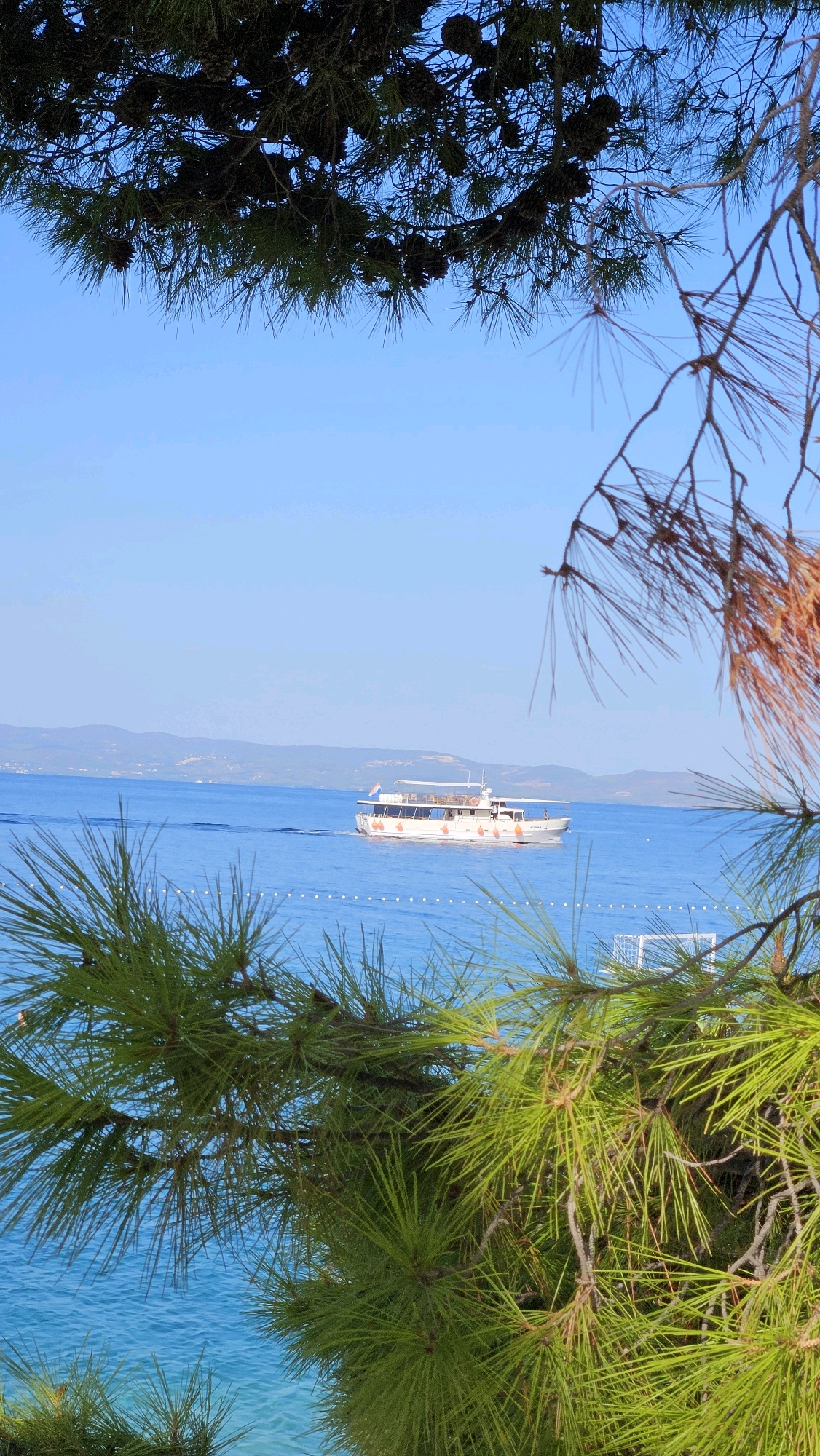 The image shows a boat sailing on the blue Adriatic Sea, with the coast of Općina Tučepi, Croatia, visible in the background. The boat is white with orange accents and has a flag with a red and white checkered pattern. Pine trees with green and brown needles frame the scene in the foreground and at the top. The sky is clear and blue. In the distance, a white net structure, possibly a goal, is partially visible on the shore.