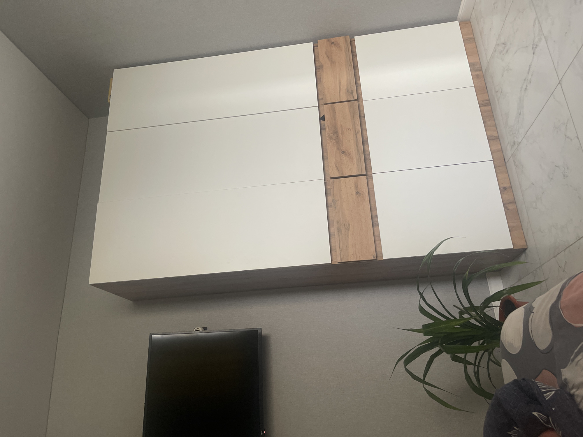 The image depicts a room with a large, modern wardrobe with white doors and wooden accents. The wardrobe is tall and appears to be made of composite materials. It has a clean, minimalist design. To the left of the wardrobe, a flat-screen television is mounted on a grey wall. A potted green plant with long, spiky leaves is situated on the floor in front of the wardrobe. The floor is tiled with a light-colored marble pattern. The overall impression is that of a contemporary living space, possibly a bedroom, given the presence of what appears to be bedding in the lower left corner. The scene is static and does not show any active events or people.