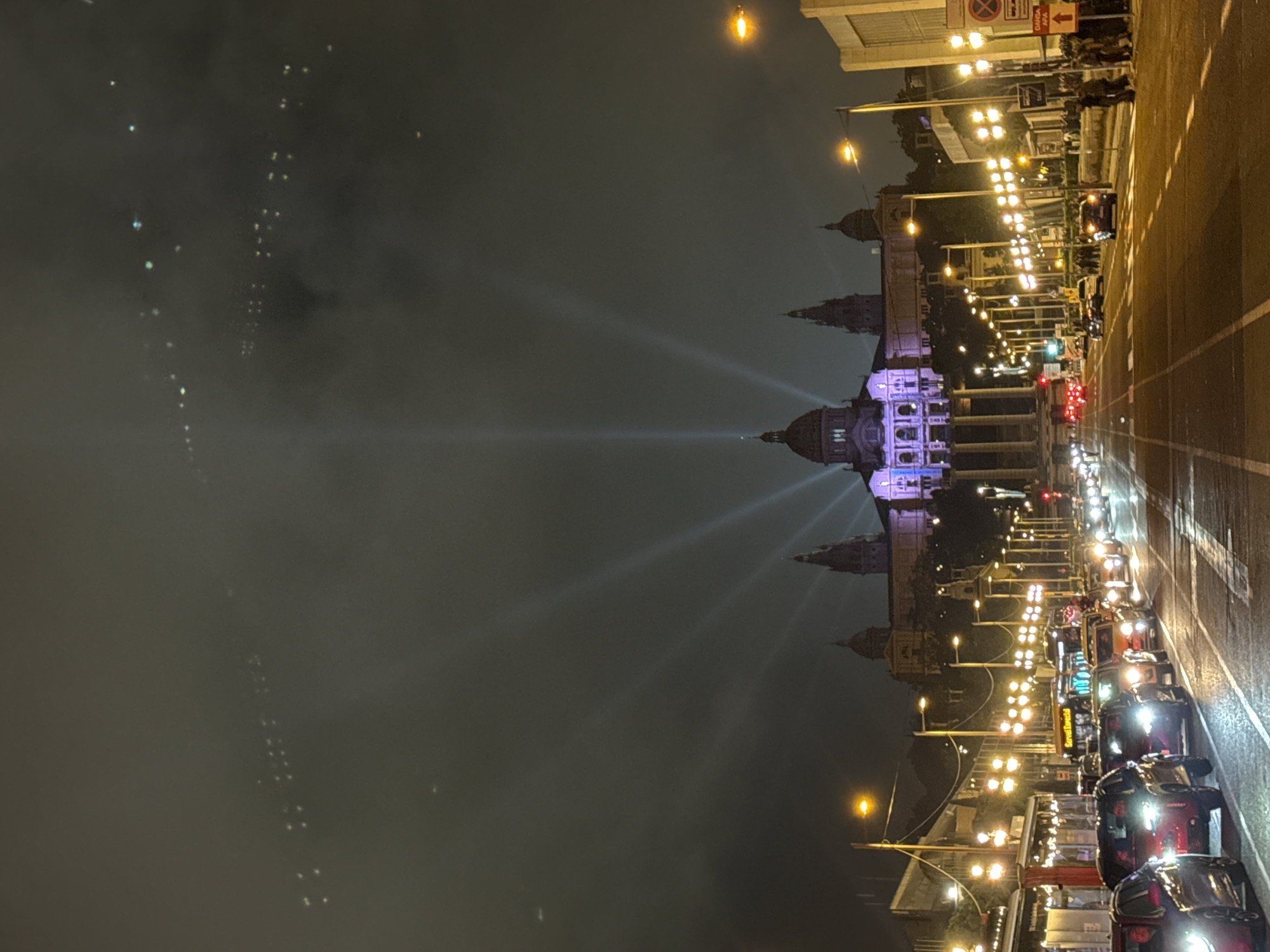 The image is taken at night and depicts the Museu Nacional d'Art de Catalunya (MNAC) in Barcelona, Spain, along with the street below. The museum is illuminated with bright purple and white lights, and searchlights radiate upwards from the central dome. A line of street lamps extends down the road toward the foreground. The right side of the frame shows a road filled with cars, their headlights also contributing to the overall brightness of the scene. The sky above and to the left of the museum is dark, with what appears to be light reflecting off of moisture or pollution in the air. The image seems to be taken from a slightly elevated position on the opposite side of the street, emphasizing the depth of the urban landscape.