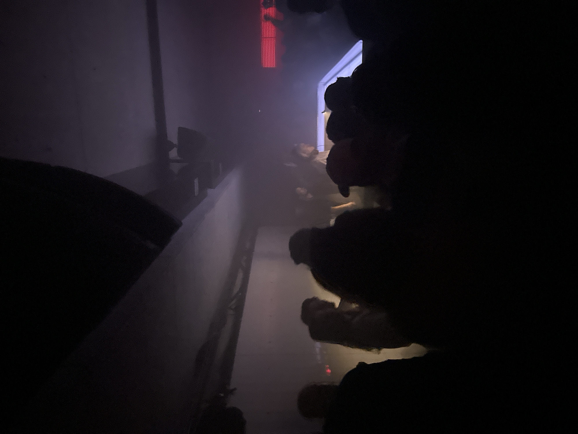The image shows a dimly lit interior space, likely a nightclub or event venue, with a dense crowd of people. The atmosphere is hazy with fog or smoke. Red lighting is visible in the background, suggesting a stage or performance area. The right side of the image is dominated by silhouettes of people, presumably the backs of their heads and shoulders, obscuring a clear view of the crowd. The left side shows a wall and various fixtures, partially obscured by the darkness. The overall impression is one of a crowded, energetic environment with a focus on visual effects and a sense of being in an enclosed space. The location in Paris, France, is unidentifiable.