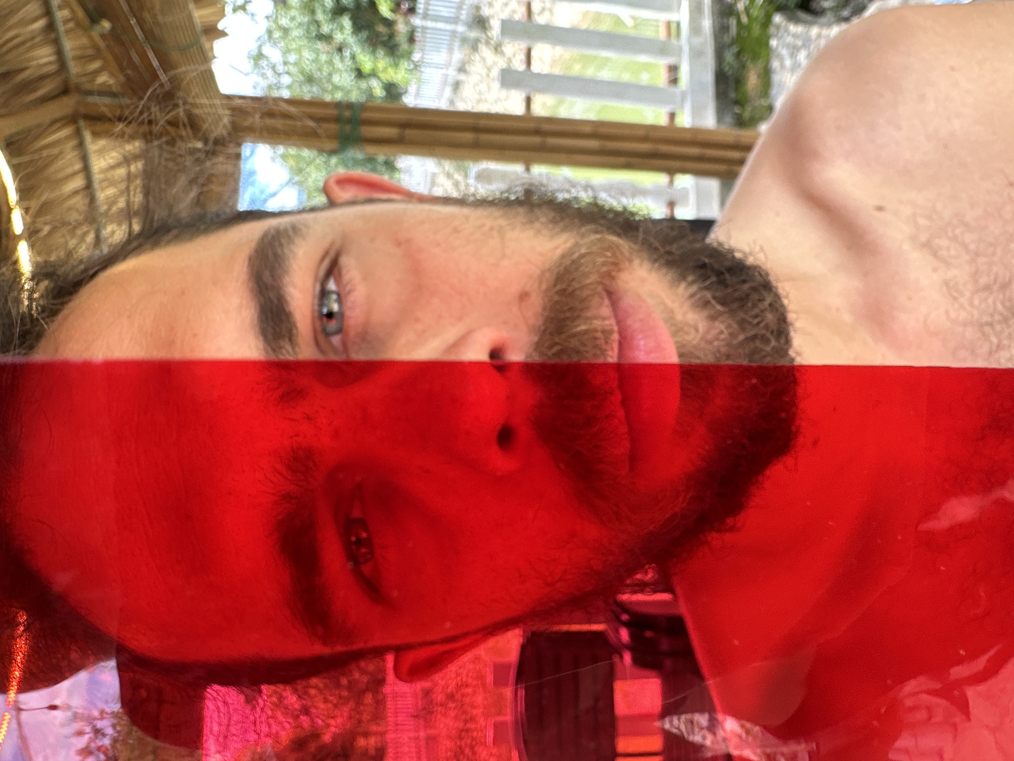 A male individual is depicted in a split-lighting portrait, with the left vertical half of his face and upper torso illuminated by a strong red light source or filter, and the right half under natural daylight. The subject is estimated to be an adult in his 20s or 30s, featuring dark hair, a beard, and a mustache.
On the left, red-illuminated side, the skin appears uniformly crimson, obscuring natural complexion details. His left eye is visible as a dark, indistinct feature. A portion of his left shoulder and upper chest are similarly bathed in red light. The immediate background on this side is a blurred, reddish expanse with indistinct shapes, possibly reflecting foliage or distant structures through the red medium.
On the right, naturally lit side, the individual's skin exhibits a natural tone with subtle reddening, indicative of sun exposure. His right eye presents as light blue/grey. The beard and mustache on this side are brown/auburn. A portion of his right ear, shoulder, and upper chest are visible, displaying light body hair. The background on this side reveals an outdoor environment consistent with Nghia Lo Ward, Vietnam. Directly behind the subject's head is a thatched roof made of dried organic material. A vertical bamboo-like support pole with green bindings is visible to the right of his head. Beyond the immediate structure, lush green vegetation, including trees and foliage, fills the mid-ground. A white picket fence runs horizontally across the scene, and a small patch of blue sky with white clouds is discernible above the foliage.
The individual is positioned directly facing the viewer, maintaining a neutral expression with direct eye contact. The distinct vertical color division suggests the subject is either positioned directly adjacent to a large red transparent screen or filter, or is caught between a strong red light source and ambient daylight, creating a stark visual dichotomy across his form. No specific actions are observed beyond posing for the portrait.