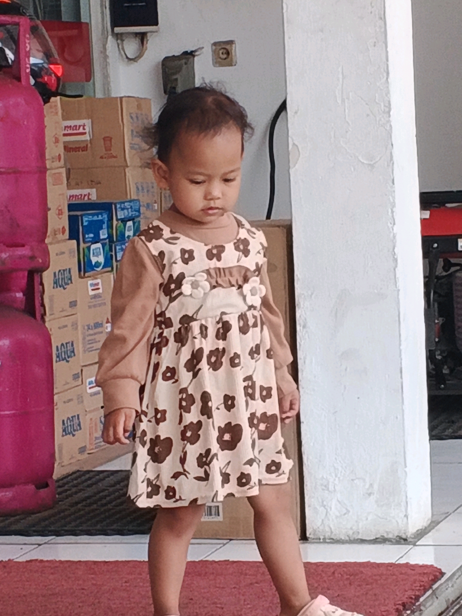 A young child stands in front of stacks of boxed goods, with a pink propane tank to the left and a white pillar to the right. The child, facing left with their head turned down, wears a long-sleeved dress with a brown floral pattern and a light brown collar. The background consists of cardboard boxes with various labels, including "mart" and "AQUA." A red rug is visible on the floor in the foreground. The scene appears to be outdoors, possibly in front of a store or warehouse in Kalirejo, Indonesia.