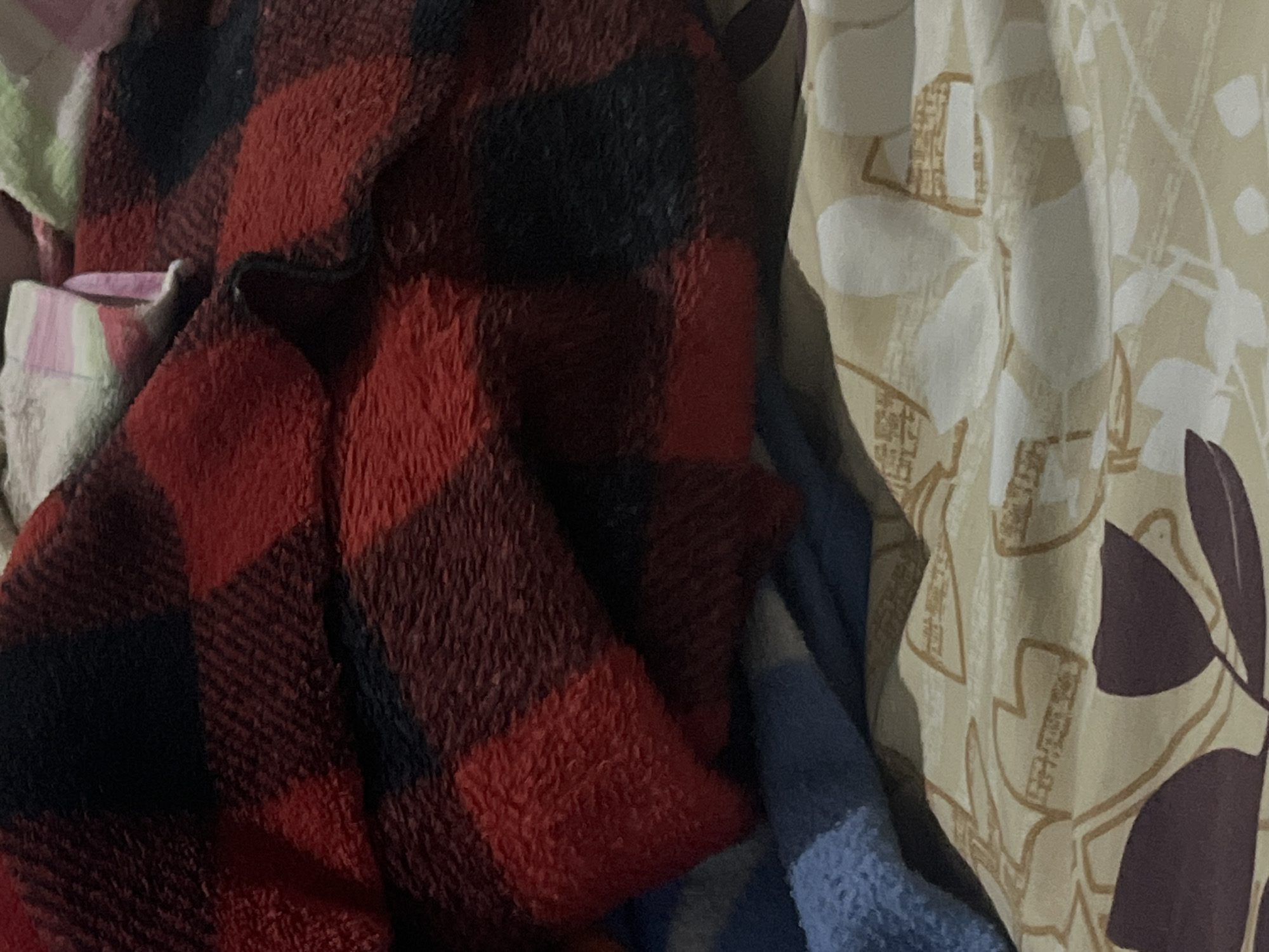 A close-up, vertical, medium shot shows a stack of blankets. The uppermost blanket is a red and black buffalo plaid fleece, folded over itself. Underneath it is a blue textured blanket, possibly fleece, folded. Beneath that is a patterned blanket with a beige background and a design of stylized leaves in brown and dark purple. The scene is indoors, but no specific location within Santa Ana, Venezuela, can be determined from the image. There are no people visible.