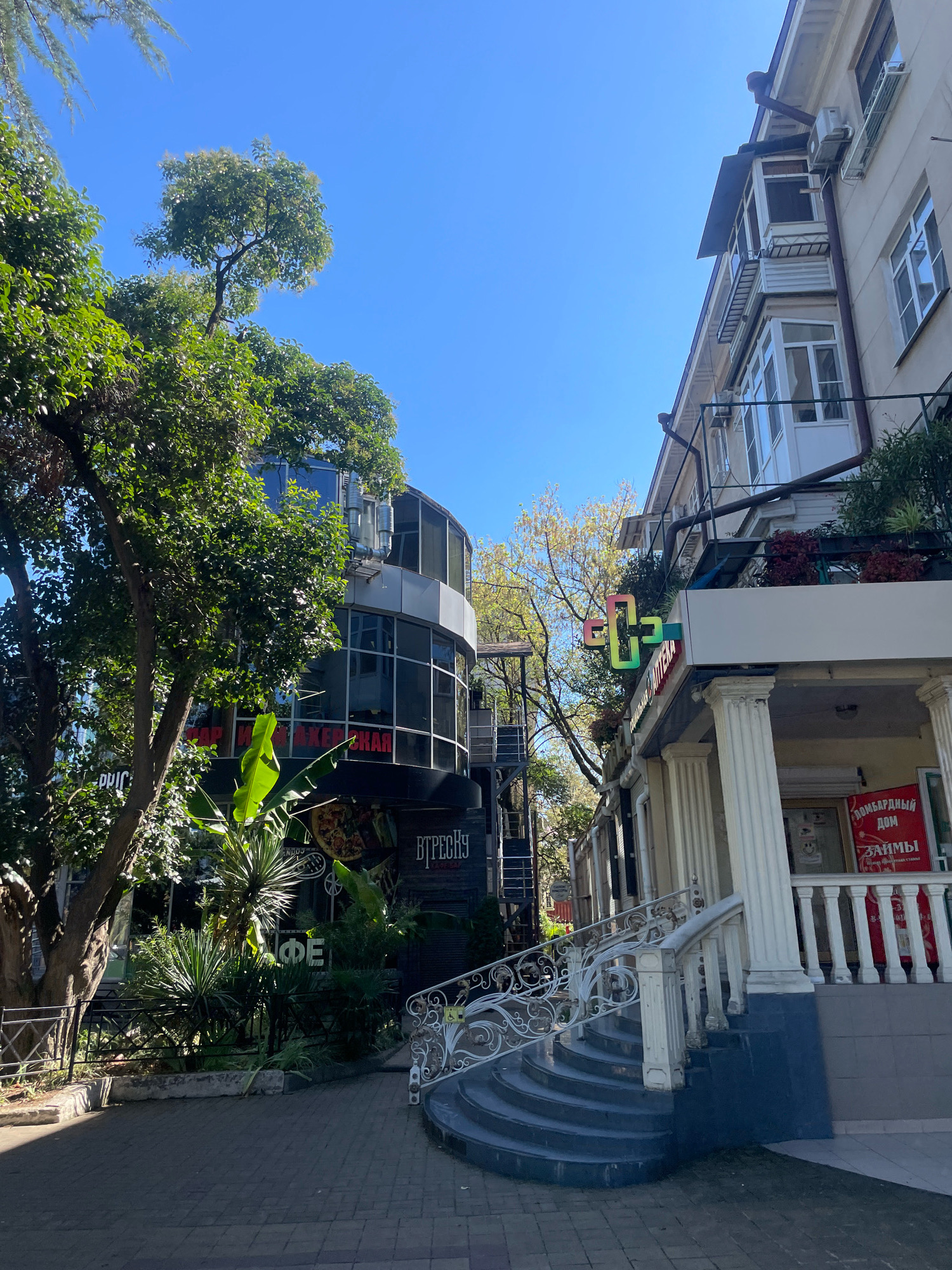 The image depicts a street scene in Sochi, Russia, under a clear blue sky. On the left, a modern building with a curved glass facade is surrounded by lush greenery, including large trees and tropical plants. Signs with Cyrillic text are visible on the building, suggesting it houses businesses like a cafe. To the right, a lighter-colored building with balconies and windows is visible, and on its facade, a colorful cross symbol indicates a pharmacy. A red sign with Cyrillic text, likely advertising a pawnshop, is also present. A set of ornate white railings and steps leads up to the entrance of this building. The ground is paved with cobblestones. The scene suggests a warm, sunny day in a commercial area of Sochi.