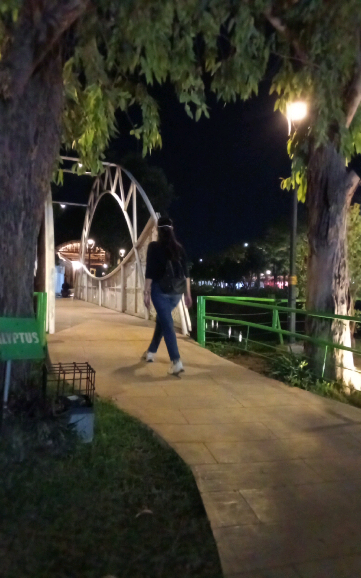 A low-angle, nighttime photograph captures a person walking on a paved pathway in Ngasem, Indonesia. The pathway curves to the right and is bordered by a green railing on the right side, with a body of water visible beyond it. A large tree with green leaves is positioned on the left, with its trunk partially obscuring the view of a white, arched bridge that spans over the water. Another tree with a lighter-colored trunk and some green leaves is on the right. The sky is dark and clear. The person, facing away from the camera, is wearing a dark long-sleeved shirt, blue jeans, and white shoes. They have dark hair that extends down their back and are carrying a black backpack. In the foreground, a green sign with white text that reads "ALYPTUS" is visible on the left, next to a dark metal trash receptacle. The pathway is lit by artificial lights, creating a warm glow.
