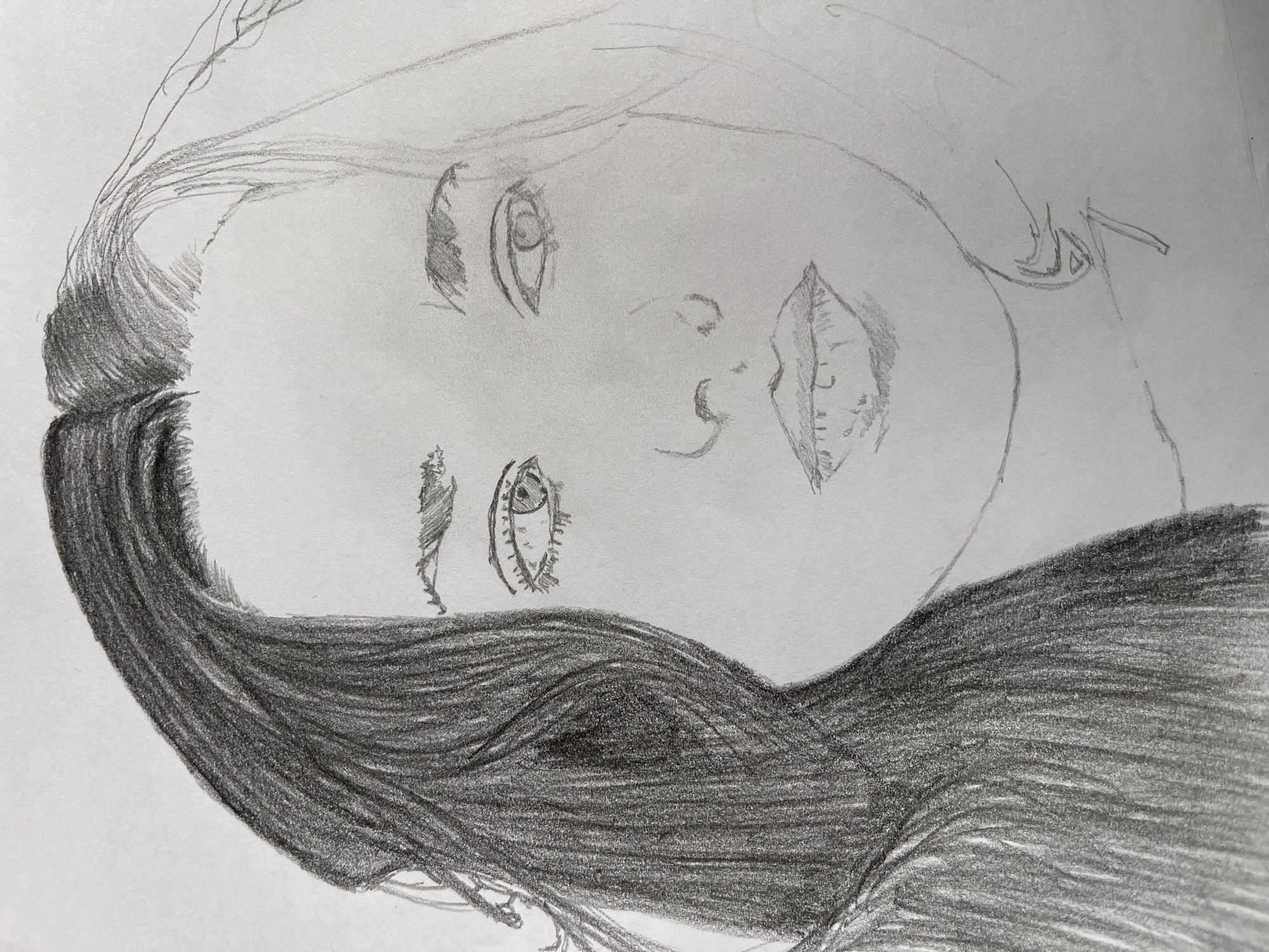 The image is a pencil drawing of a person's face, tilted slightly to the right. The face is largely unshaded except for the lips and around the eyes, which are somewhat detailed. The hair on the left side of the face is rendered with dense, dark pencil strokes, creating the impression of dark hair. The hair on the upper right side of the face is more lightly sketched. The overall style is preliminary and unfinished. No information in the image can be used to discern a location such as Jos, Nigeria.