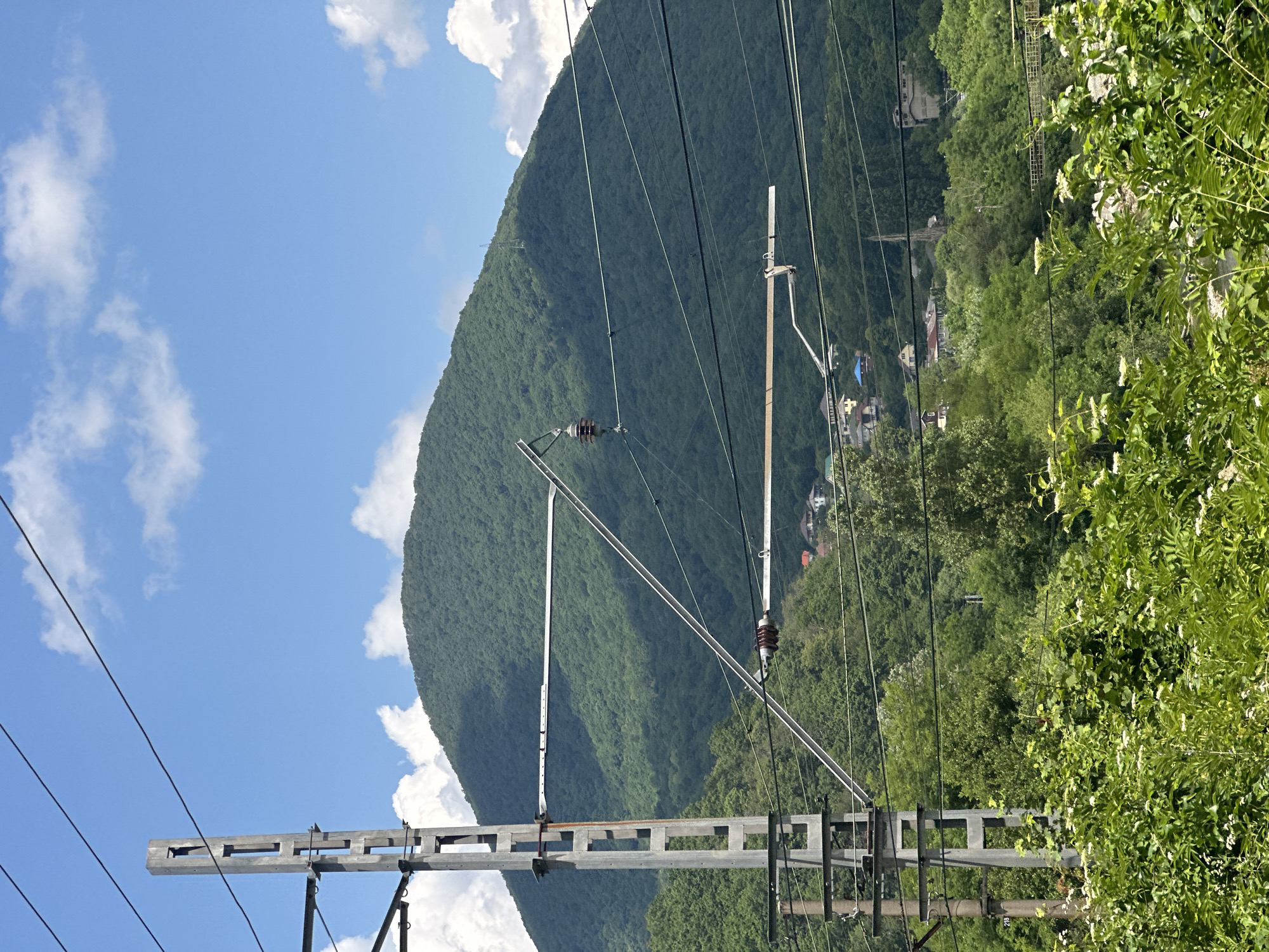 This image captures a natural landscape dominated by a lush, green mountainside under a bright blue sky dotted with white clouds. In the foreground, a tall, gray utility pole stands prominently, supporting a complex network of overhead wires, likely for a railway or power transmission. These wires crisscross the frame, creating a linear pattern against the backdrop of the mountain.
Nestled on the lower slopes of the mountain is a small settlement with scattered houses, their roofs varying in color, suggesting a residential area. The vegetation is dense and verdant, with trees and foliage covering the mountain and forming a green border at the bottom of the image. The overall scene evokes a sense of rural tranquility, with man-made infrastructure, the utility pole and wires, integrated into a natural, hilly environment. The specific location is identified as being in the city of Tuapse, Russia, a coastal city known for its mountainous terrain and proximity to the Black Sea.