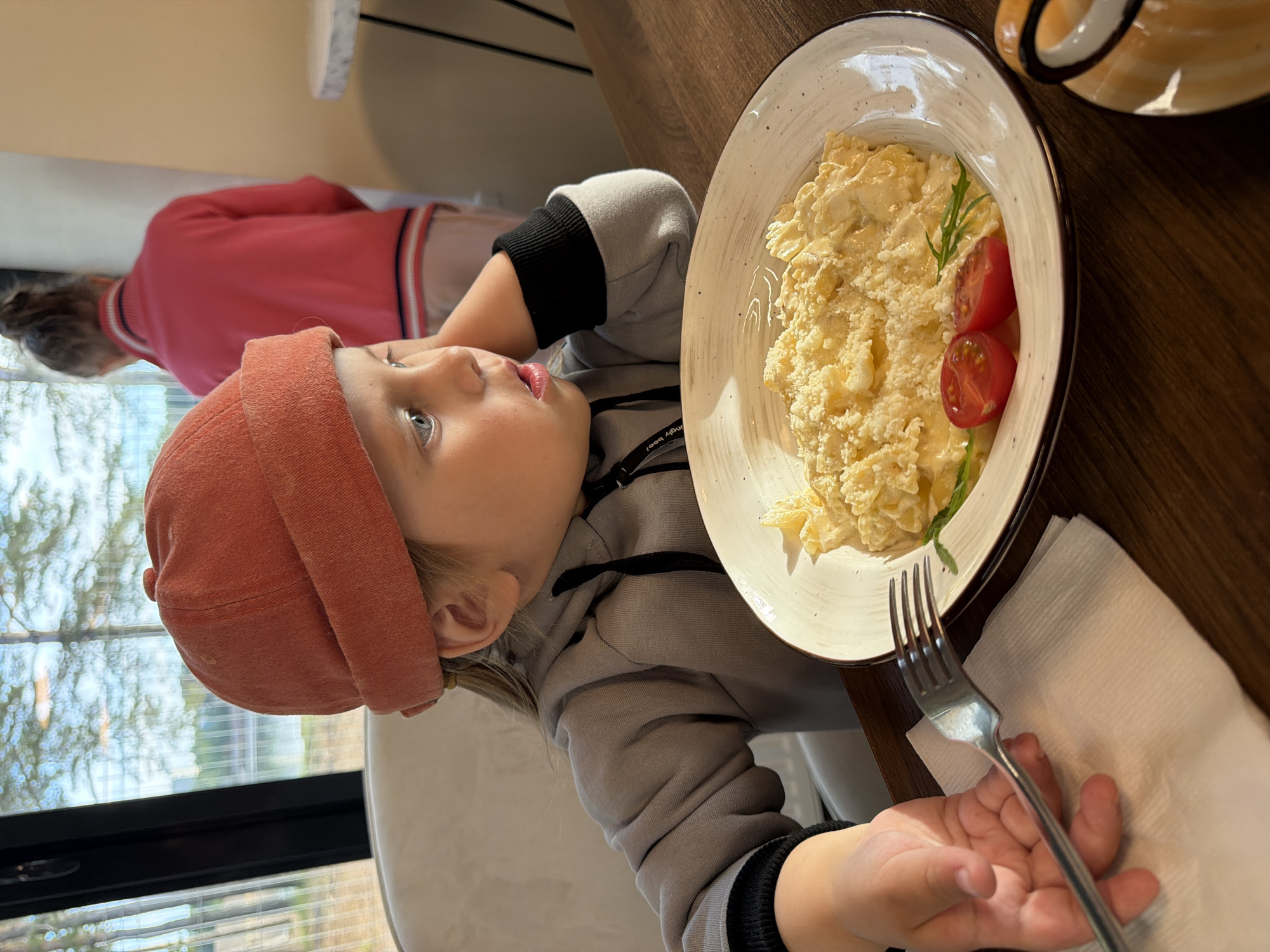 This image depicts a casual indoor dining scene, likely in a cafe or restaurant in Chaikovsky, Russia, during the daytime. The main subject is a young child, possibly a boy, prominently featured in the foreground, seated at a wooden table. He is wearing an orange/red beanie and a grey hoodie with black cuffs and a drawstring. His light blue eyes are directed upwards and to the left, with his mouth slightly open, suggesting an expression of curiosity or contemplation.
In his right hand, the child loosely holds a metal fork, which rests on a white napkin beside a plate of food. The food appears to be a creamy dish, possibly pasta or scrambled eggs, generously topped with grated cheese. It is garnished with two halves of bright red cherry tomatoes and a sprig of a green herb, likely arugula. A partial view of a light-colored cup or mug is visible near the upper right edge of the plate.
In the blurred background, another person, seen from behind, is seated. They are wearing a pink sweater with distinctive white and blue striped bands on the collar and cuffs. A large window behind them allows bright natural light into the room, showing a blurred outdoor view with hints of trees. On the strap of the child's hoodie, a partially visible text reads "hungry boo!". The scene conveys a relaxed mealtime atmosphere.