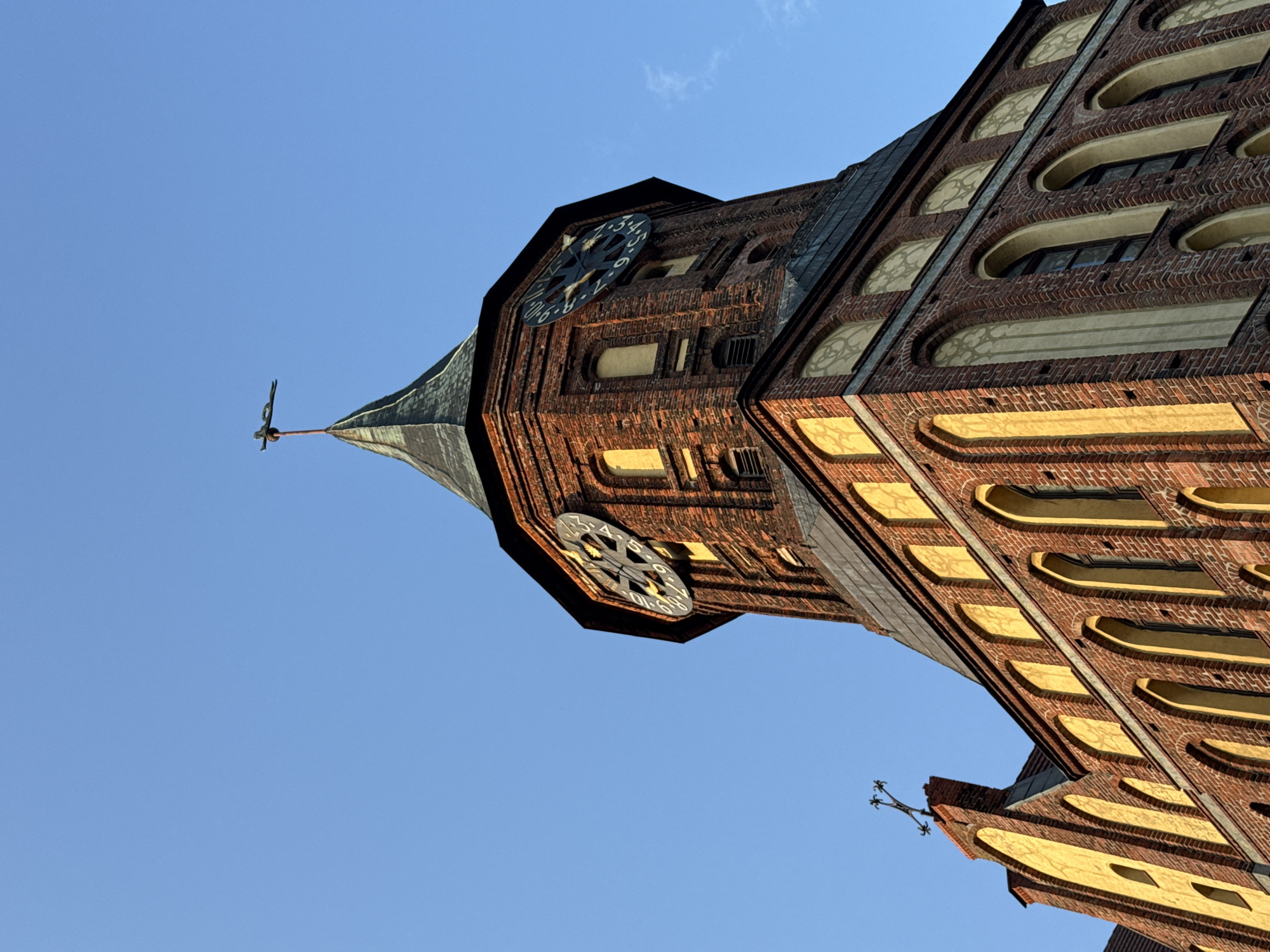 The image shows a close-up, low-angle view of the tower of the Kaliningrad Cathedral, located on Kant Island in Kaliningrad, Russia. The tower is constructed of red brick and features a conical, dark-colored roof topped with a weather vane. Two large clock faces are visible on the tower, with Roman numerals. The surrounding building also exhibits characteristic Gothic architecture with arched windows and yellow accents. The sky is clear and blue, indicating daytime. No people or animals are present in the frame. The lighting suggests late afternoon or early morning sunlight, casting warm tones on the brickwork.