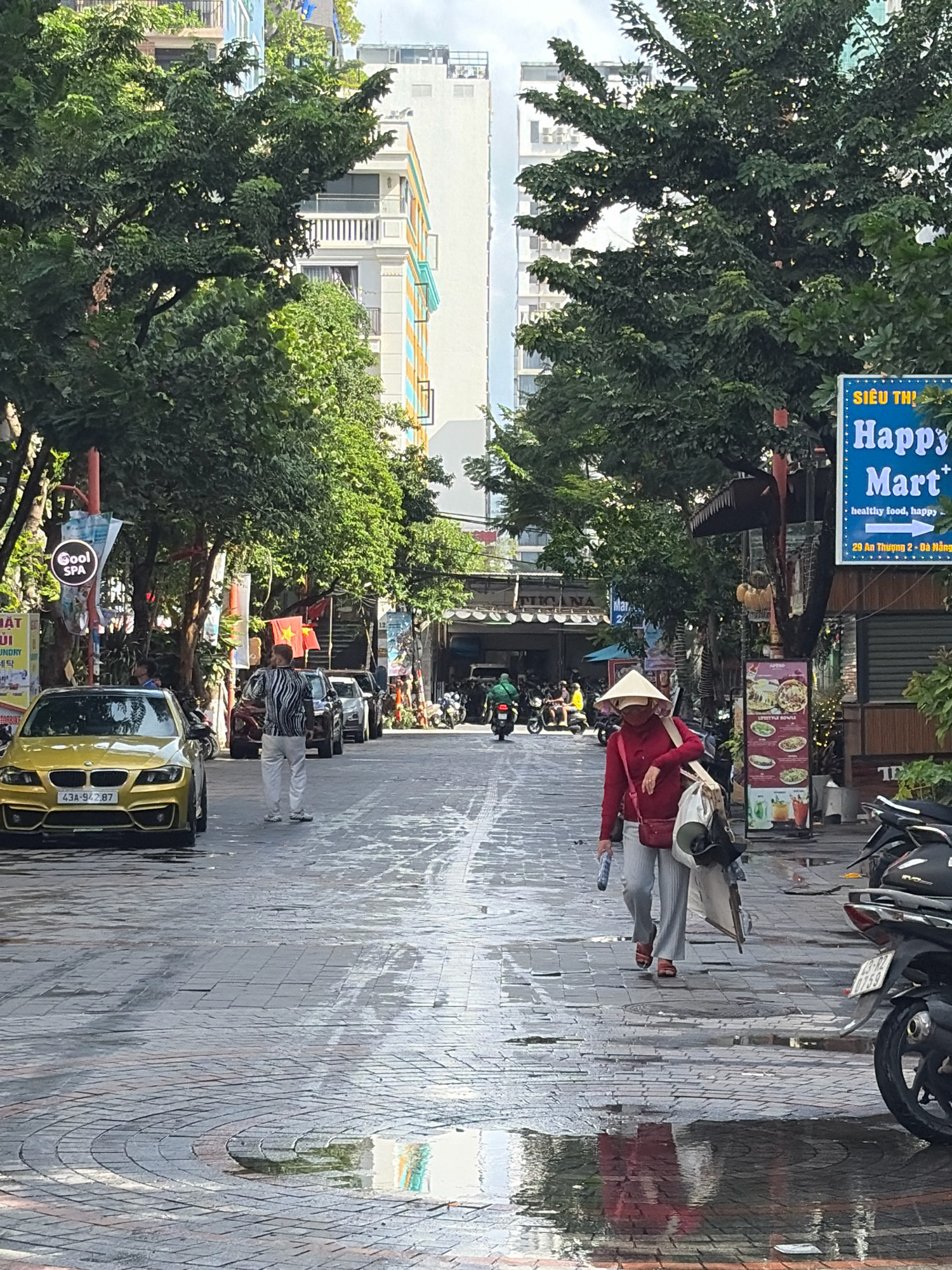 The image shows a street scene in Da Nang, Vietnam, likely after rain, as indicated by the wet pavement and reflections. A woman wearing a traditional conical hat and a red top, with grey pants and red sandals, walks towards the right side of the frame. She is carrying several bags and an object that appears to be a rolled-up mat. In the foreground, a gold BMW sedan is parked on the left side of the street, with a license plate reading "43A-942.87". Behind the sedan, a man in a black and white striped shirt and white pants walks away from the camera.
The street is paved with rectangular bricks arranged in a curved pattern. On the right side of the street, a "Happy Mart" sign is visible, featuring Vietnamese text and an arrow pointing to "29 An Thuong 2 - Da Nang". Further down the street, various buildings line both sides, with lush green trees providing shade. Several motorcycles are parked along the right side of the road. The sky is overcast.
