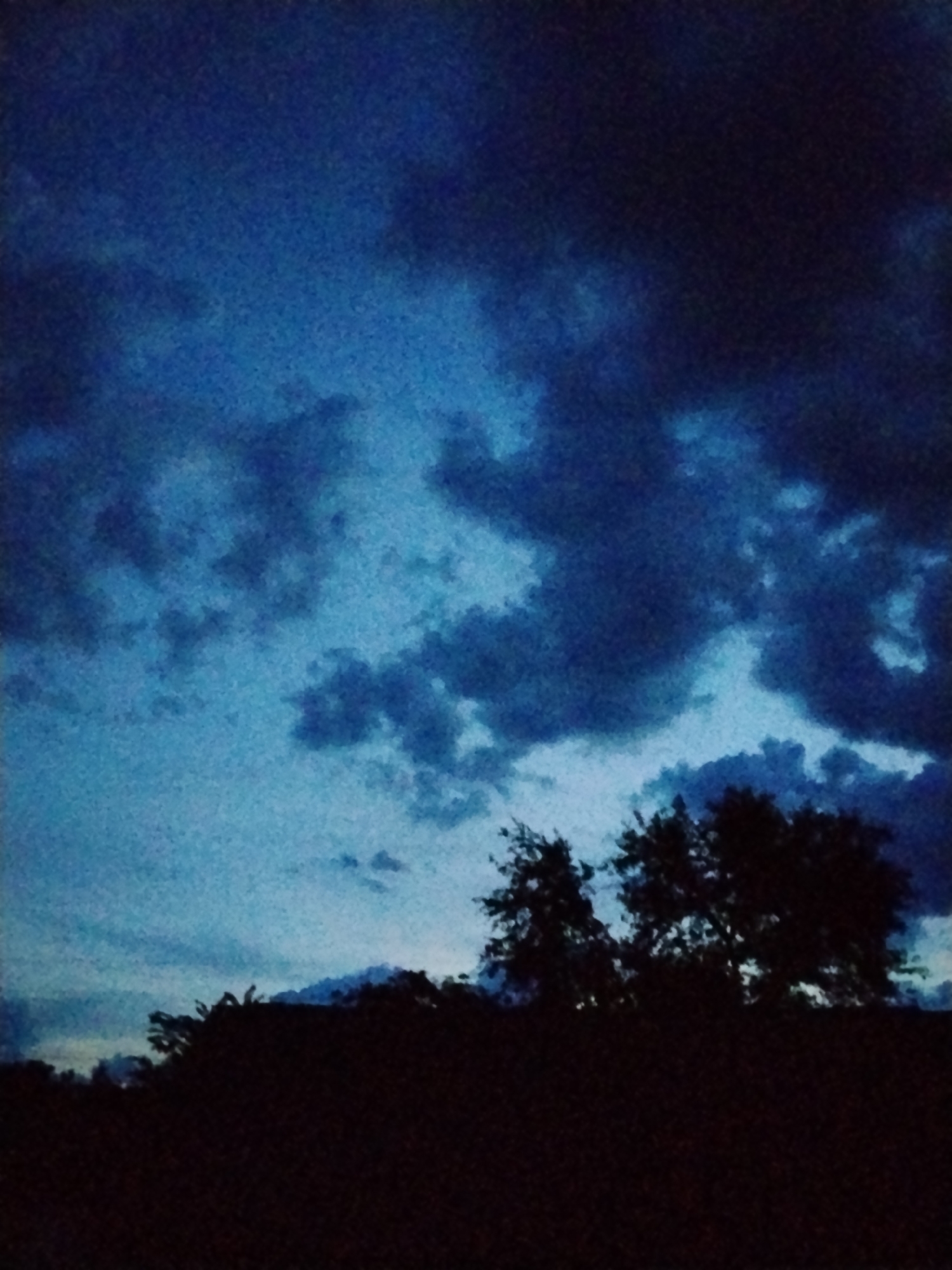 This is a photograph of a dark, stormy sky over a silhouetted landscape. The sky is filled with heavy, dark blue and grey clouds, suggesting impending rain or a recent storm. The lower portion of the image shows the dark outlines of trees and what appears to be a treeline or hillside. The overall impression is one of twilight or pre-dawn, with limited light. There are no people or man-made structures clearly visible. The location is Ustyvytsia, Ukraine.