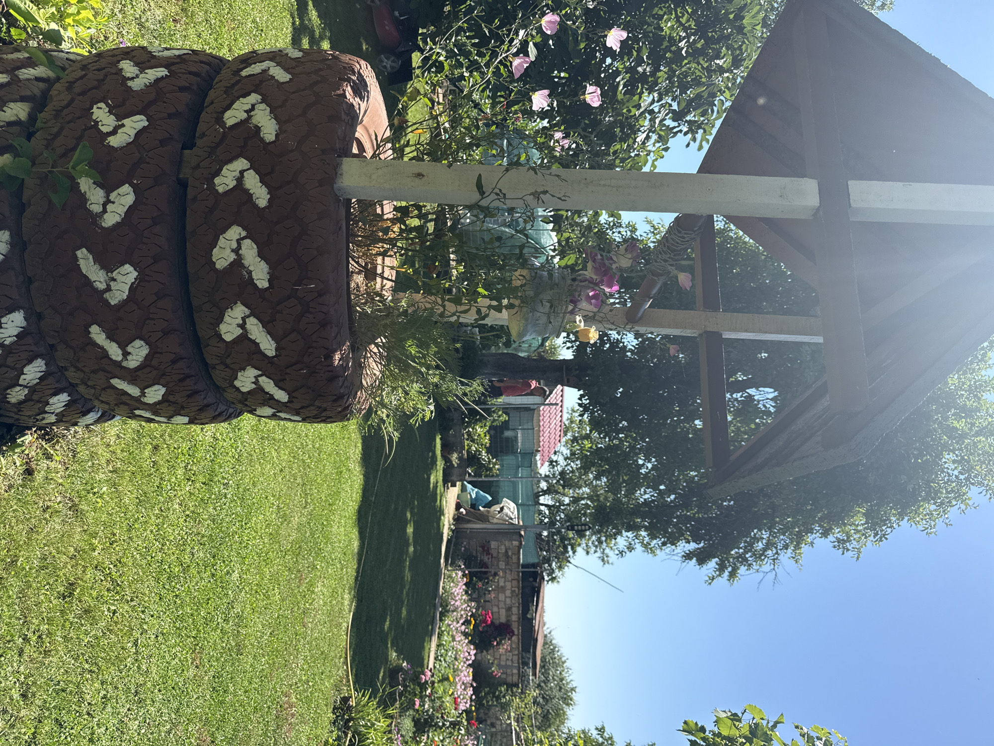 The image depicts a sunny day in the city of Konop, Bulgaria, with a focus on a garden. In the foreground, three stacked car tires painted dark brown with white chevron patterns serve as a planter. They are filled with soil and various plants, including green foliage and pink and yellow flowers. A wooden structure with a slanted roof supported by white posts stands over the planter. Vines are seen growing on one of the posts. Behind the planter, a lush green lawn extends into the background, where more vegetation, including trees and bushes with pink flowers, is visible. A red lawnmower is partially visible on the left. Further in the background, a brick wall with a metal fence encloses a section of the garden. A person in a red shirt can be seen near a building with a red tiled roof. Another structure with a corrugated metal roof and a blue tarp is also present. The sky is clear blue.