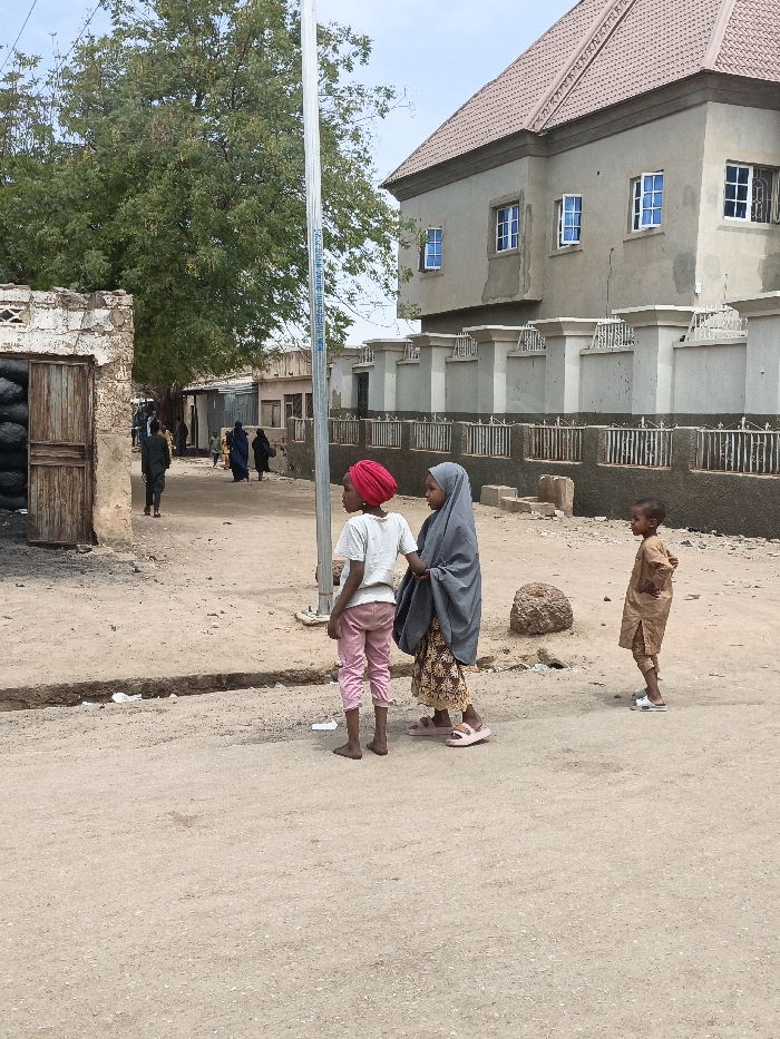 The image displays an outdoor street scene in Hotoro South, Nigeria. In the foreground, three children stand on an unpaved, dusty dirt road. From right to left: a young boy in a light brown traditional garment and blue-and-white sandals stands with hands on hips; a young girl with a light grey head covering, patterned brown and orange skirt, and pink slide sandals stands adjacent to a second young girl wearing a red head covering, light grey t-shirt, and pink three-quarter length pants, who is barefoot.
In the midground, multiple individuals, including adults and children, walk away from the viewer further down the dusty street. One male figure in dark clothing is visible near a building on the left. The street itself is unpaved, exhibiting tire tracks and a shallow dirt ditch on the left side. A tall, slender silver-colored pole with visible blue lettering stands vertically in the left-midground.
On the left side of the scene, a dilapidated, light-colored structure with an open wooden door reveals stacks of black bags within. Beyond this, simpler structures, some with corrugated metal roofs, line the street. A large tree with green foliage is prominent on the left. On the right, a substantial two-story building features light grey stucco walls, a light brown tiled roof, and multiple windows with light blue frames/glass. A concrete fence with decorative pillars and dark metal railings runs along the front of this building. A large, reddish-brown rock is positioned on the ground in the mid-right. The sky overhead is clear and bright.