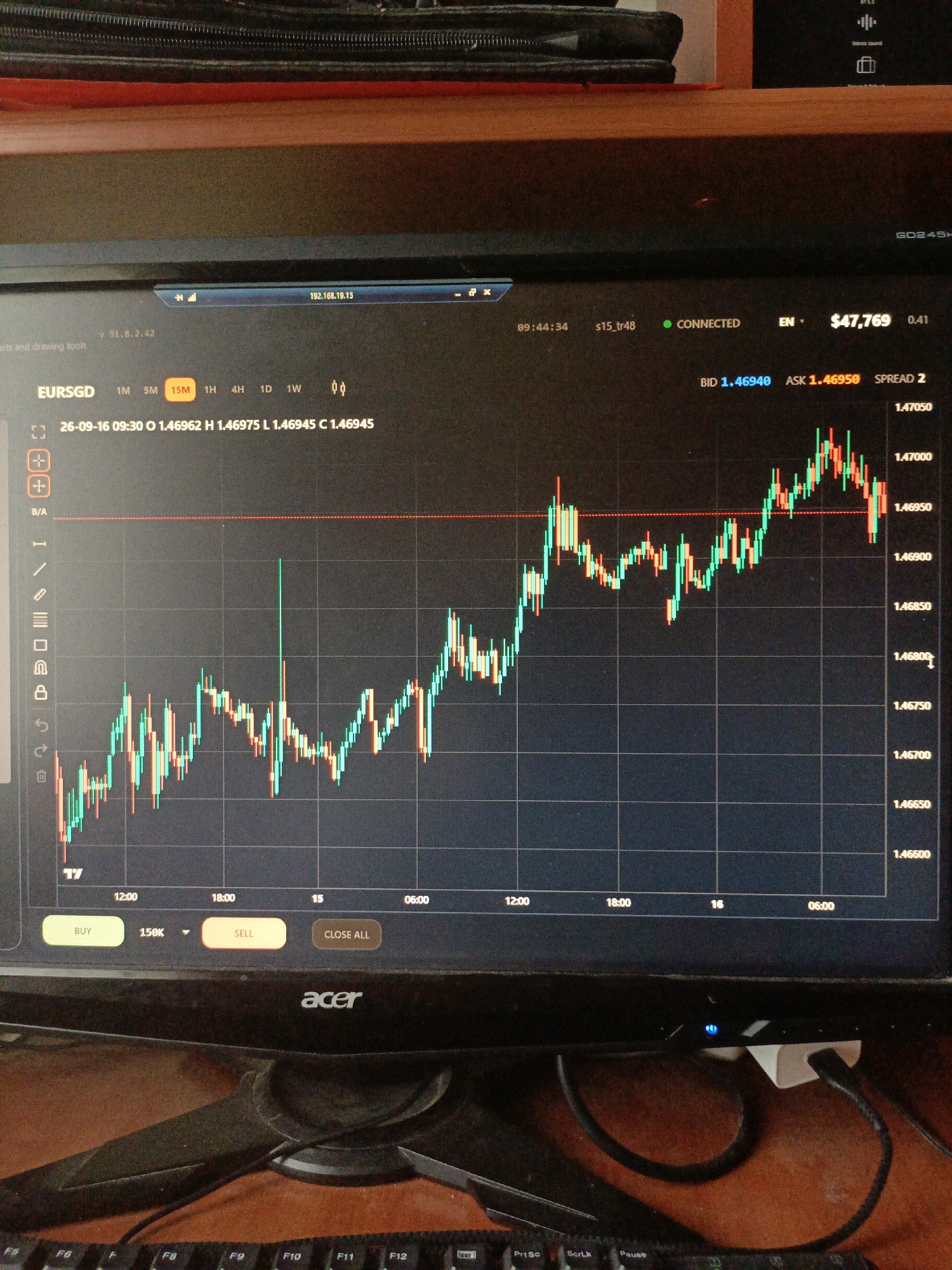 The image shows a close-up view of a computer monitor displaying a stock trading platform. The monitor is placed on a desk in front of a keyboard. The stock chart shows candlestick patterns, indicating price movements over time. The currency pair displayed is EURSGD, with trading information such as bid and ask prices, and spread. There are also buttons for "BUY," "SELL," and "CLOSE ALL." The background of the image shows part of a desk and possibly the edge of a piece of furniture. There is no indication of the city of Ухманы, Russia, or any people in the image.