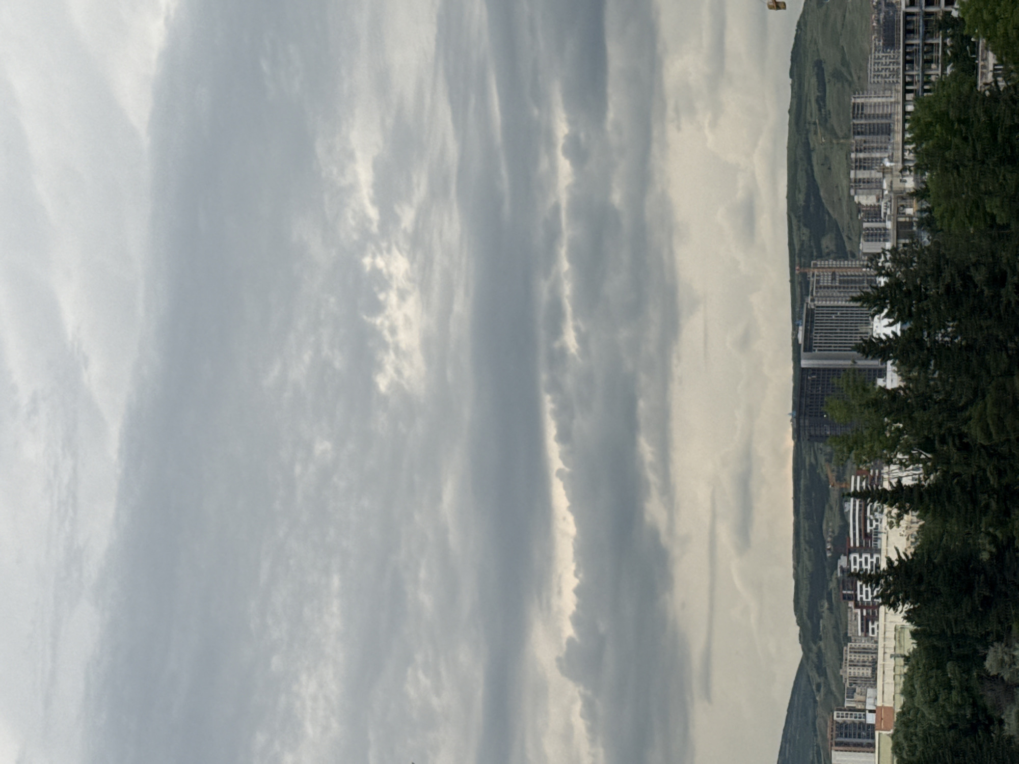 The image, taken in Tbilisi, Georgia, depicts a sprawling cityscape nestled against a backdrop of lush, green hills under a cloudy sky. The scene is dominated by a mix of modern architecture and natural landscapes. Numerous buildings, many appearing to be under construction with visible scaffolding, are densely packed along the foothills. These structures range in height and style, with some featuring distinctive white and dark horizontal banding.
The sky is filled with dramatic, elongated clouds that stretch across the frame, suggesting a potentially overcast or stormy day. Sunlight intermittently pierces through the cloud cover, creating areas of brightness and shadow that highlight the textures of both the sky and the landscape.
The foreground is partially obscured by the dense foliage of trees, primarily dark green, which frames the cityscape and adds depth to the image. A crane is visible near some of the construction sites, indicating ongoing development.
The orientation of the image is vertical, with the horizon running along the right side of the frame. The overall mood is one of development and urban expansion against a natural, hilly terrain. There is no visible text in the image.