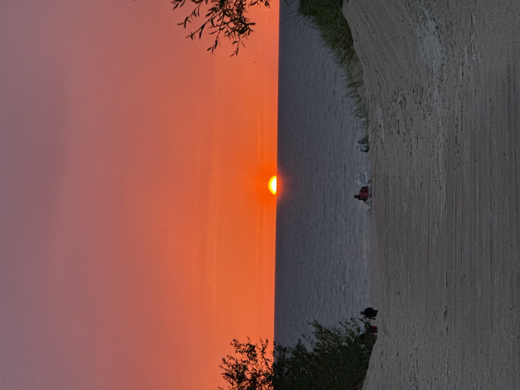 The image depicts a sunset over the Baltic Sea from a beach in Ventspils, Latvia. The sky is a vibrant gradient of orange and pink, with the sun a bright, half-visible orb just above the horizon. The sea is calm and a deep blue-gray. In the foreground, a sandy path leads down to the beach. Several small figures are visible on the beach and near the water, appearing to be people enjoying the sunset. One figure is walking on the path, while others are seated or standing closer to the water. Trees with dark foliage frame the scene on either side, with dune grass on the right side of the image. The overall atmosphere is serene and peaceful.