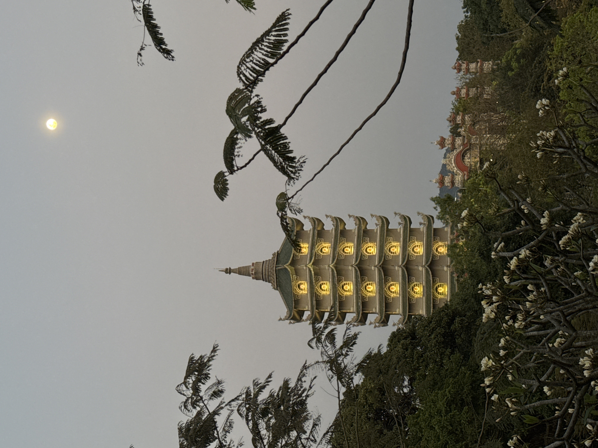 A vertical outdoor shot shows the Pagoda at Linh Ung Temple in Đà Nẵng, Vietnam, illuminated against a cloudy sky with a visible moon. The multi-tiered structure, with its light-colored facade and decorative elements, stands surrounded by lush greenery. A few trees are at the bottom, with white blossoms that could be frangipani. More temple buildings are in the far background. The photo appears taken at dusk or dawn.