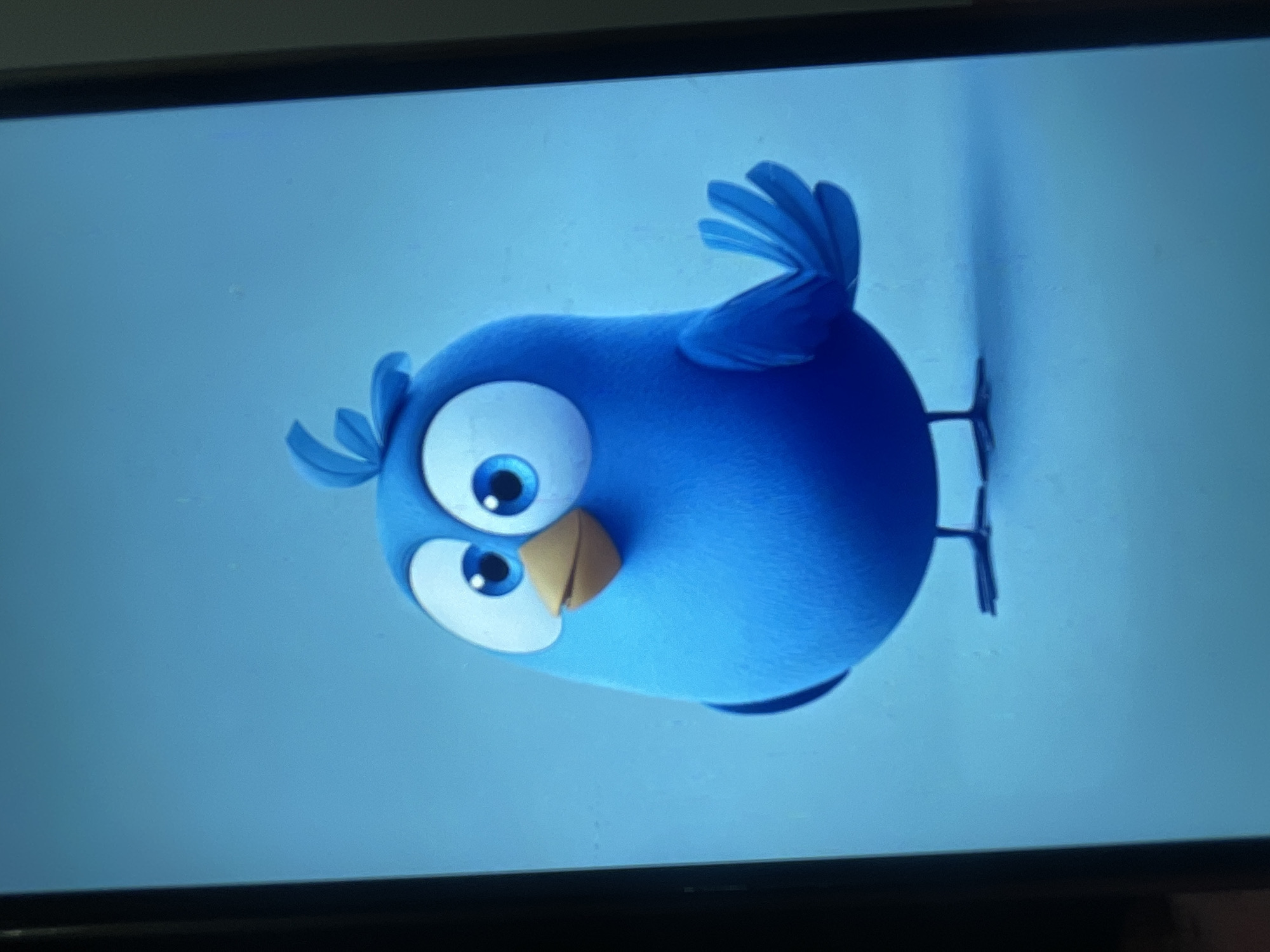 The image shows a cartoon blue bird against a solid light blue background. The bird is plump and round with large white-rimmed eyes that have bright blue pupils. It has a small orange beak and a few tufts of feathers on its head, as well as a fanned tail and one wing visible. The bird is standing on two thin black legs. The image is a close-up shot of the bird, filling most of the frame. There is no discernible location within Bishkek City, Kyrgyzstan, or any other identifiable urban or natural setting. The scene is entirely digital or artificial.